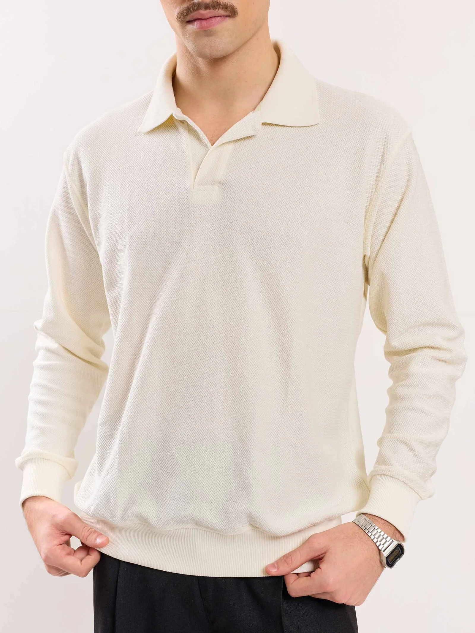 Cream Jacquard Knit Polo T-shirt - Image 4
