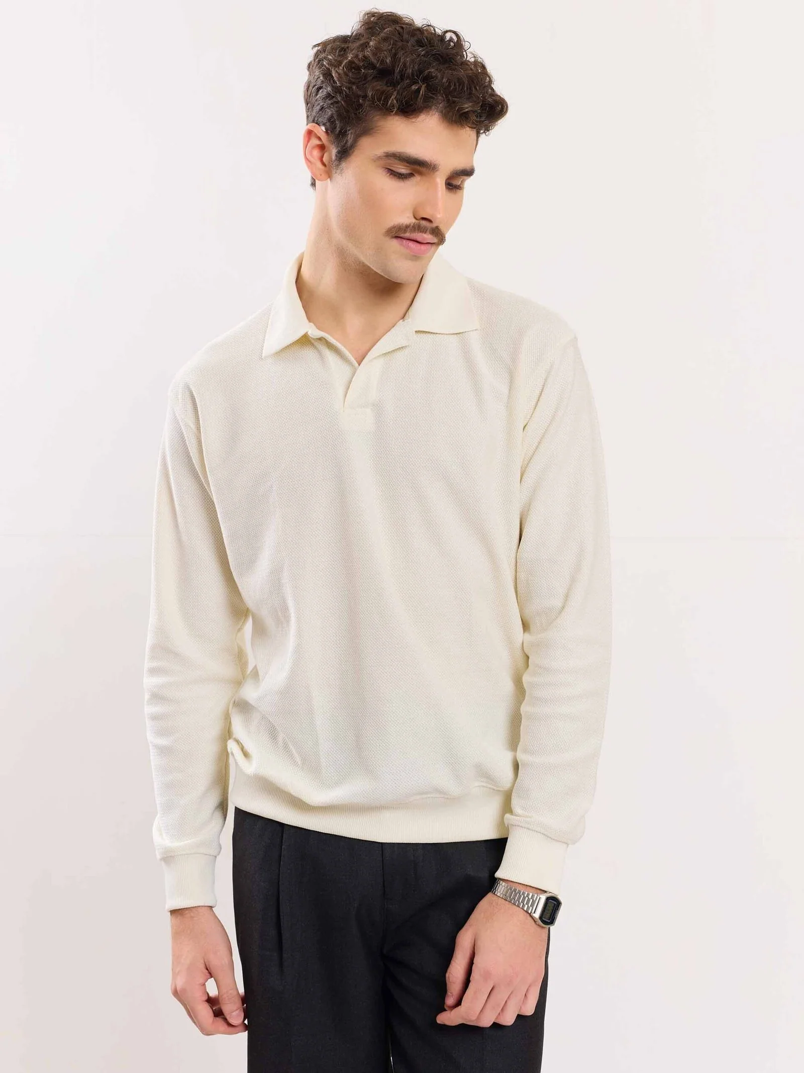 Cream Jacquard Knit Polo T-shirt - Image 5