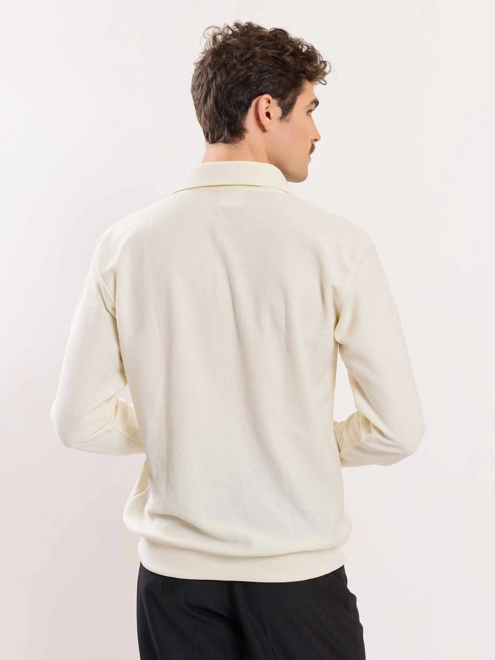 Cream Jacquard Knit Polo T-shirt - Image 6