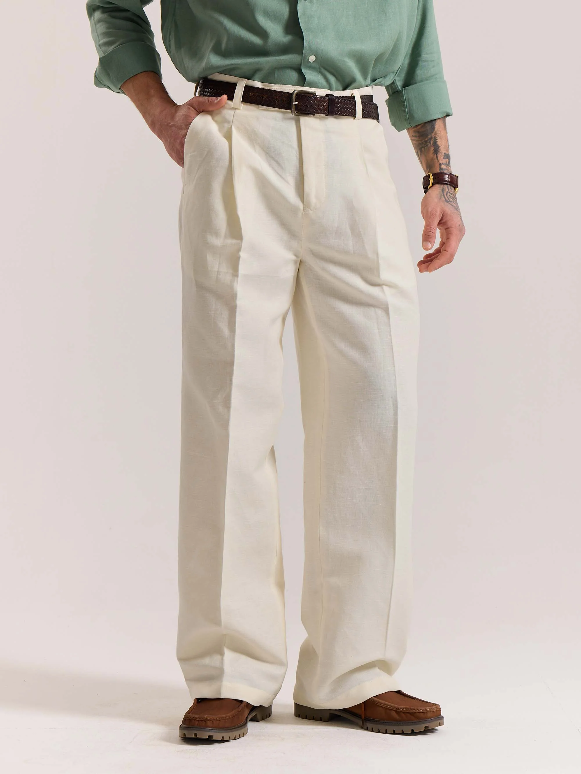Cream Linen Baggy Fit Trousers - Image 3