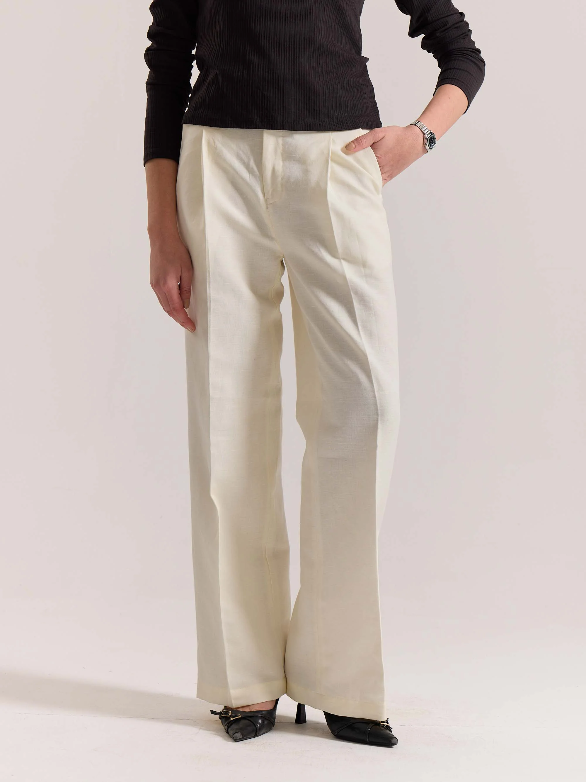 Cream Linen Baggy Fit Trousers - Image 4