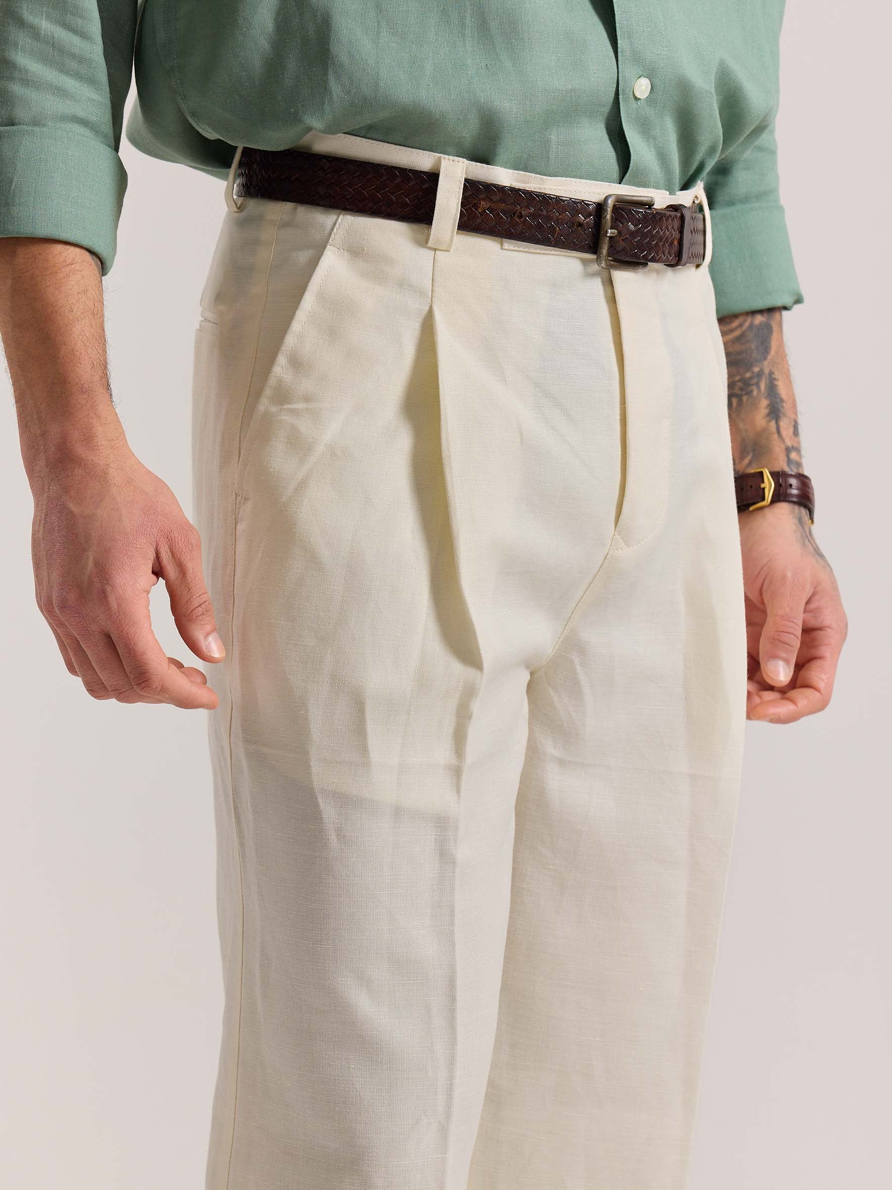 Cream Linen Baggy Fit Trousers - Image 5