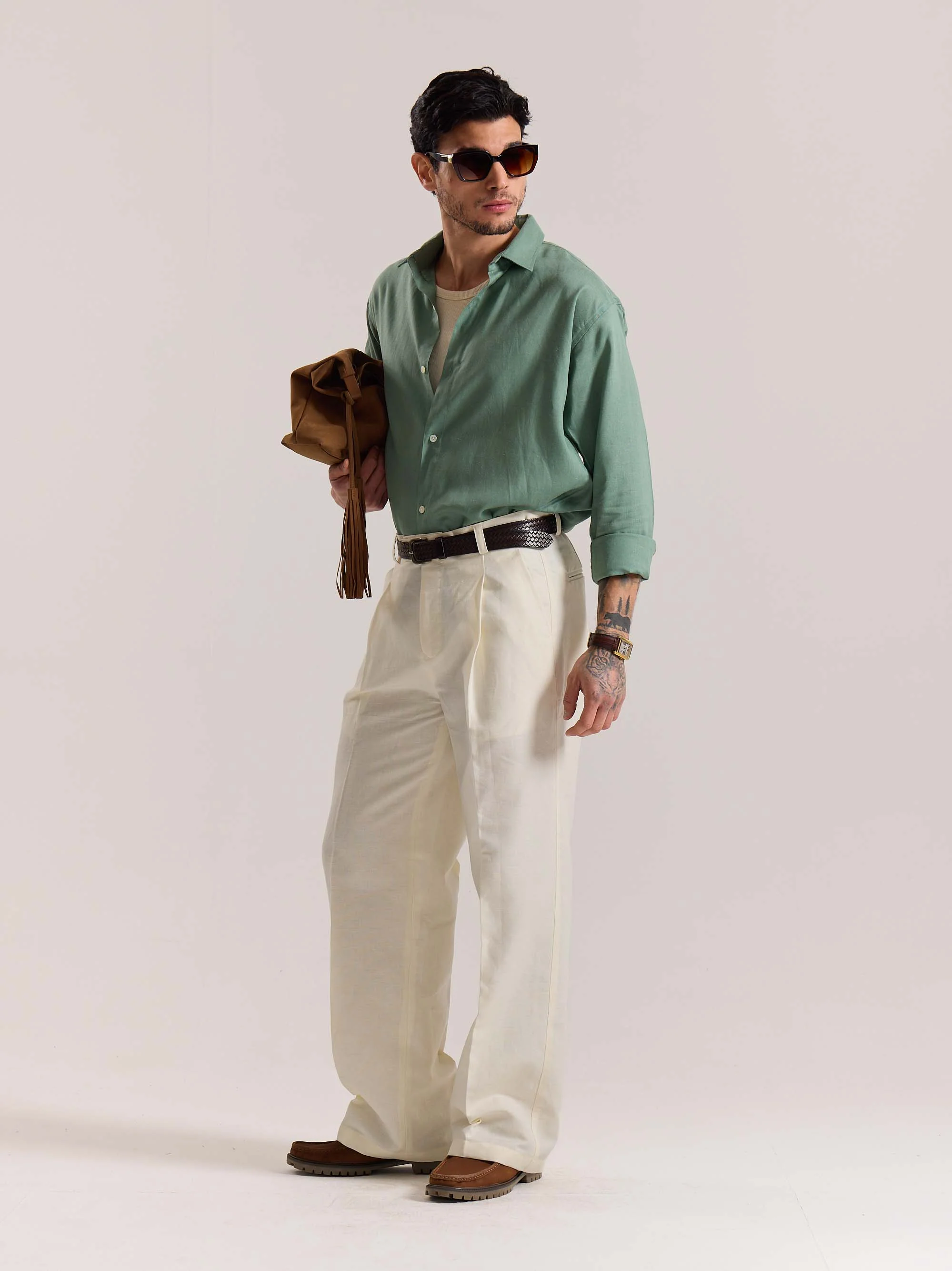 Cream Linen Baggy Fit Trousers - Image 6