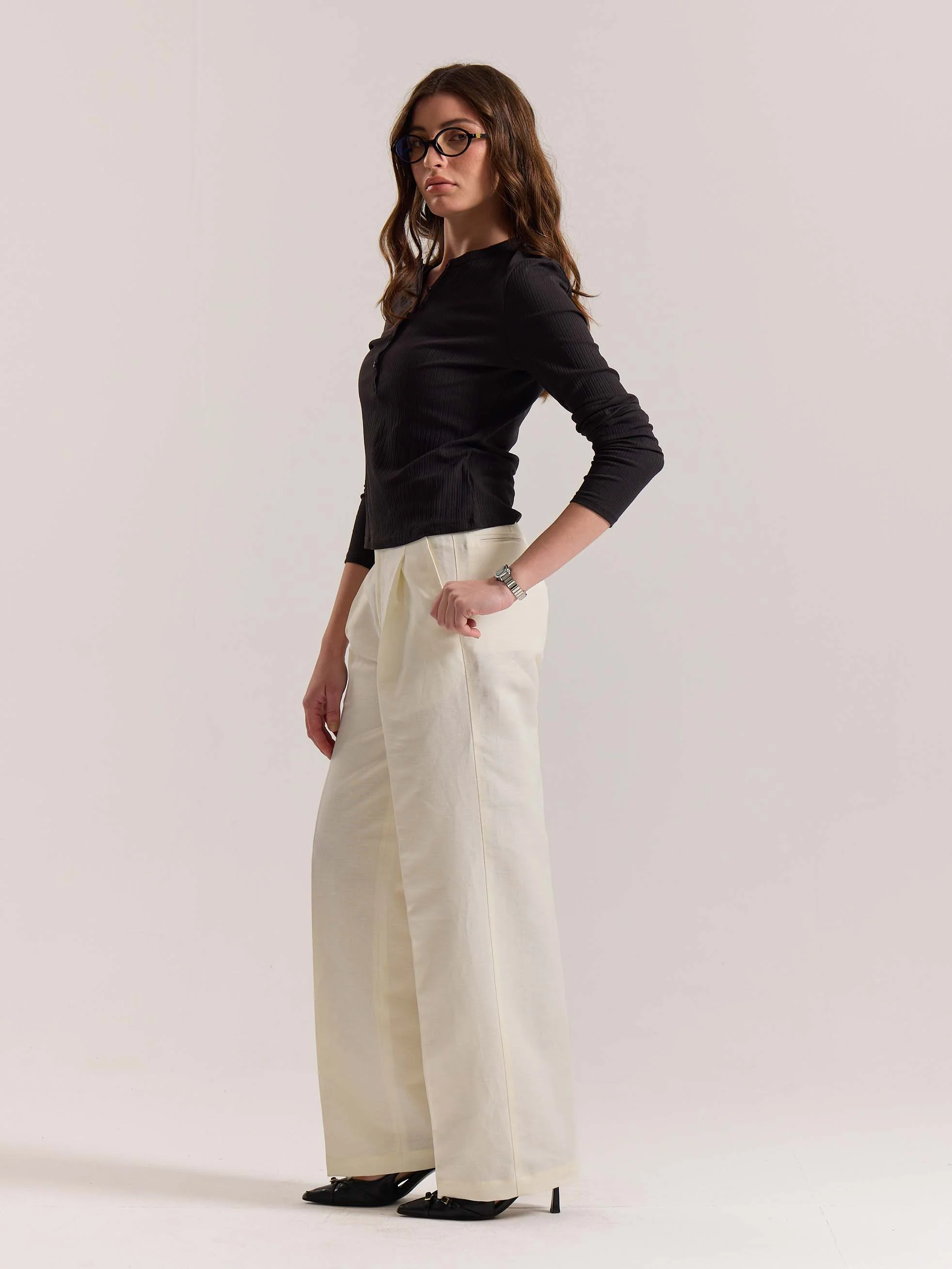 Cream Linen Baggy Fit Trousers - Image 7