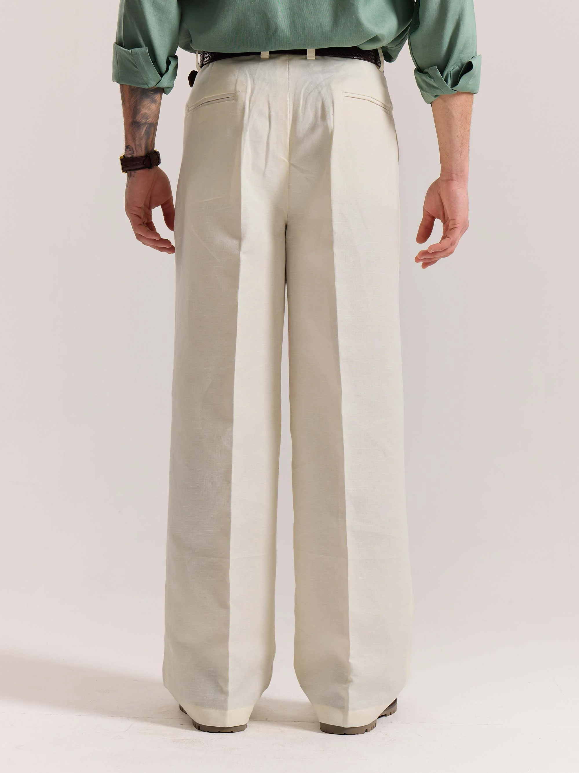 Cream Linen Baggy Fit Trousers - Image 8
