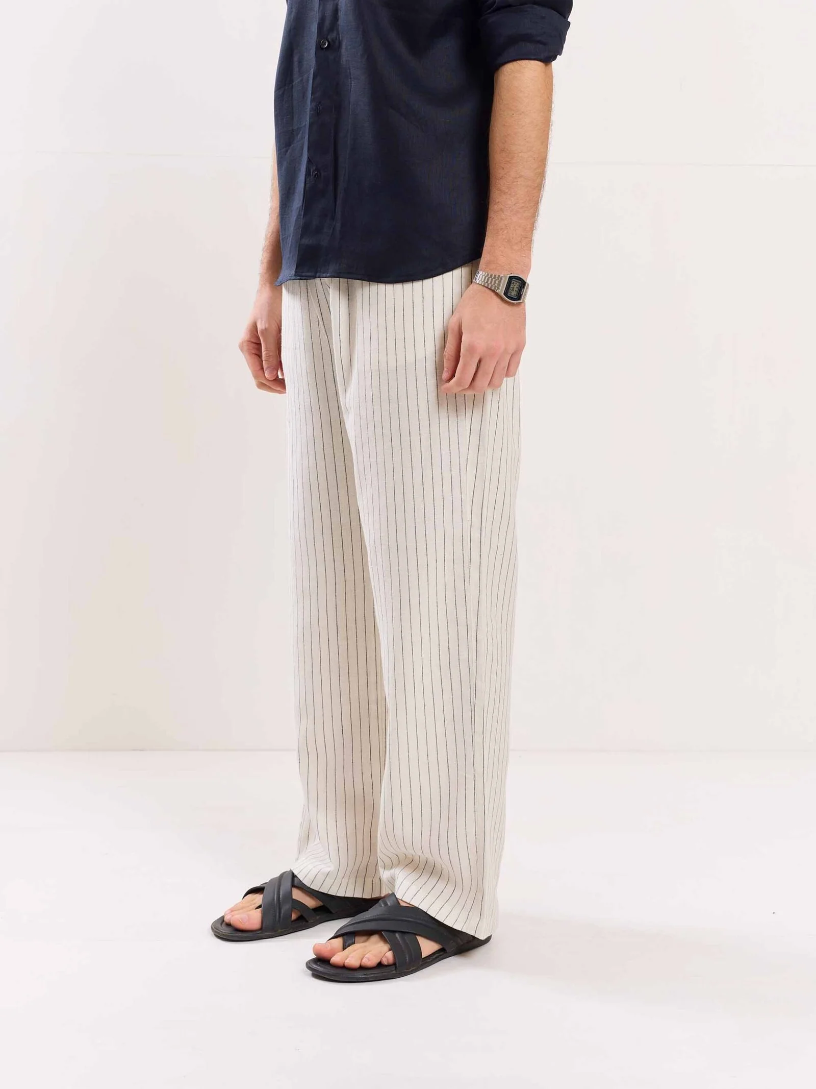 Cream Pinstriped Linen Pull-on Pants - Image 3