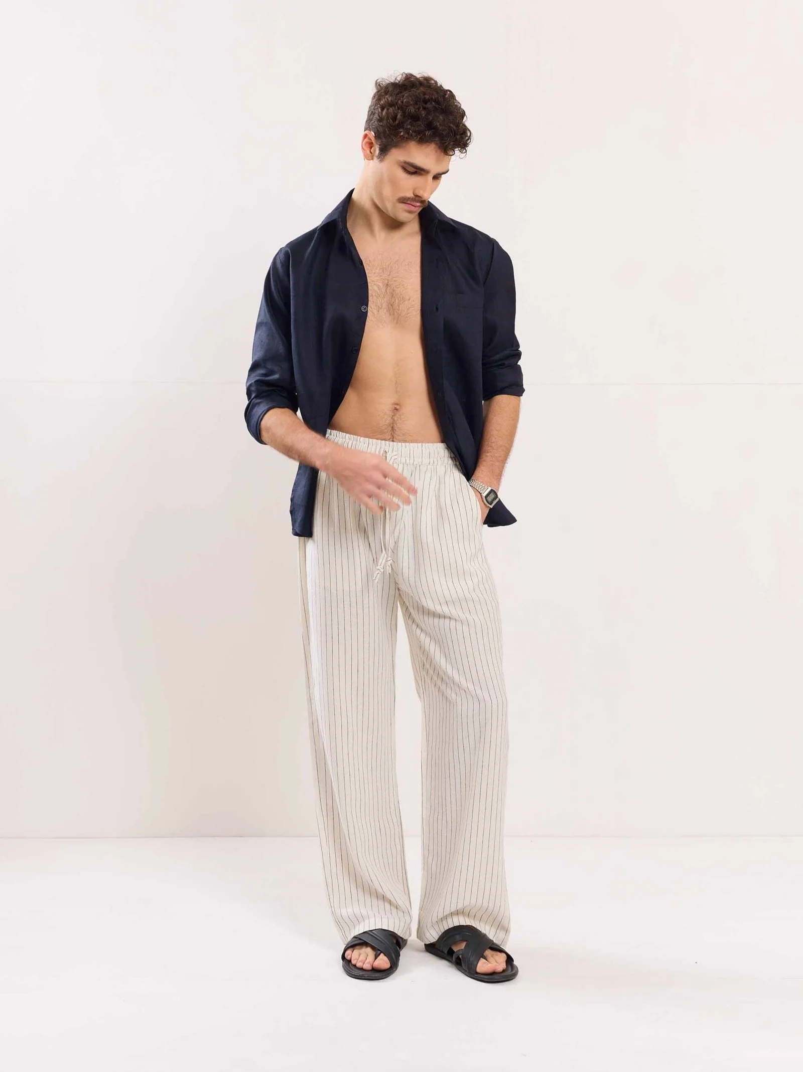 Cream Pinstriped Linen Pull-on Pants - Image 4