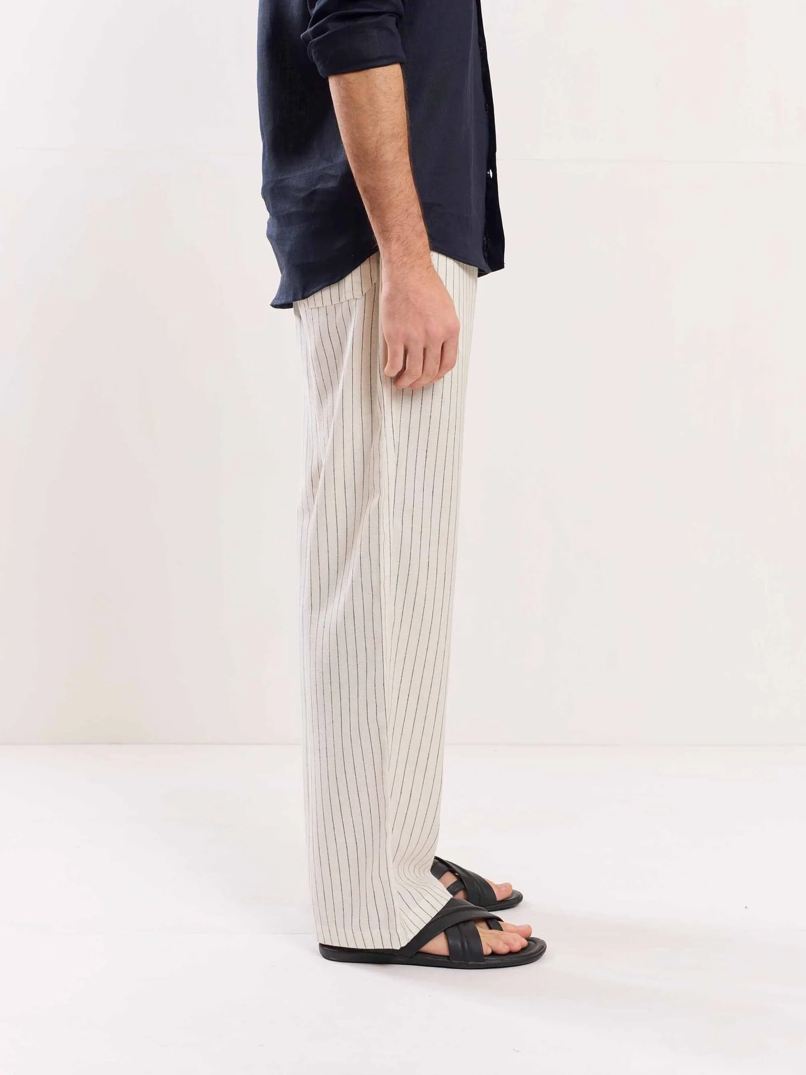 Cream Pinstriped Linen Pull-on Pants - Image 5