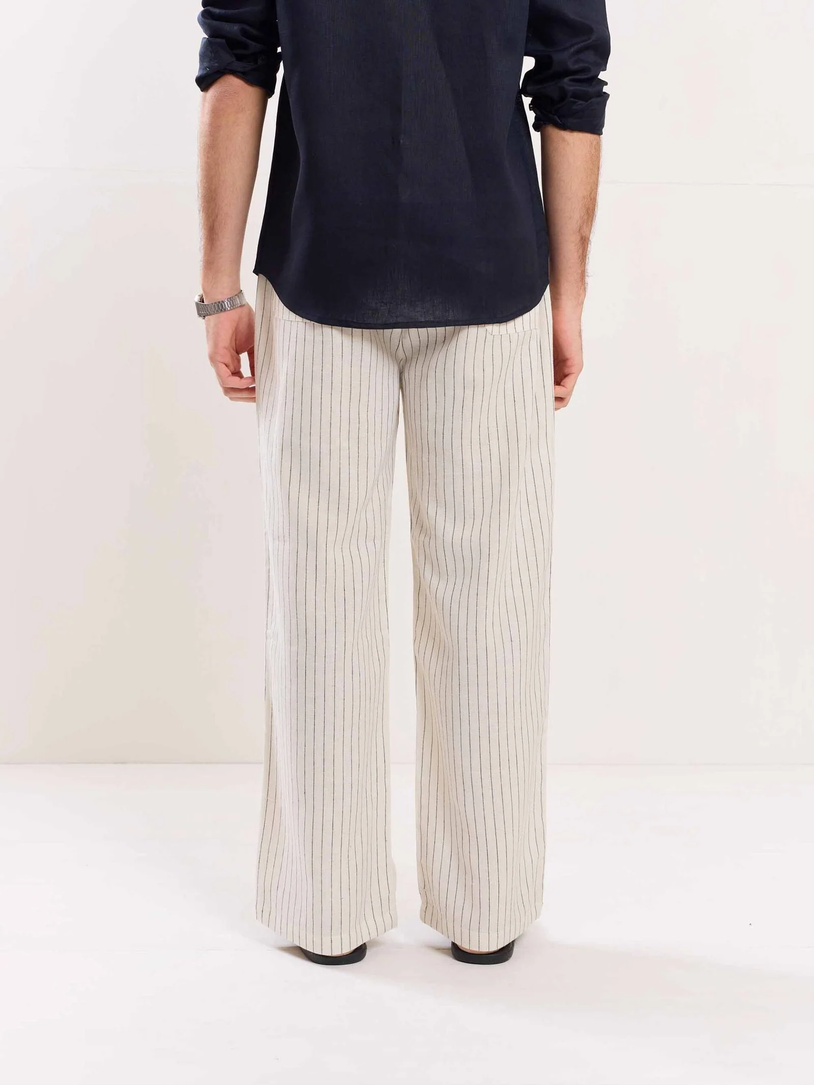 Cream Pinstriped Linen Pull-on Pants - Image 6