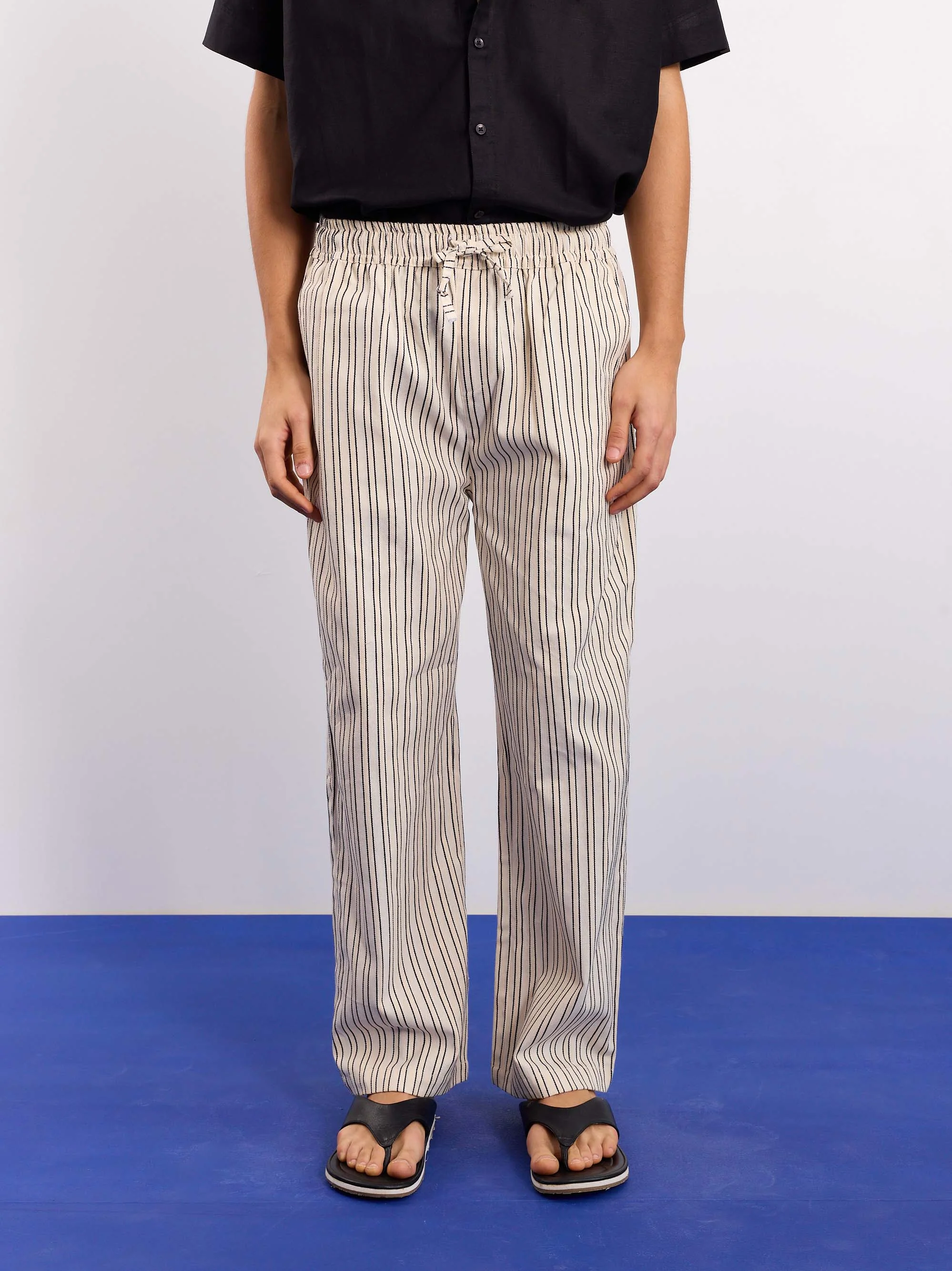 Cream Striped Textured Pull-on Pants - Image 3