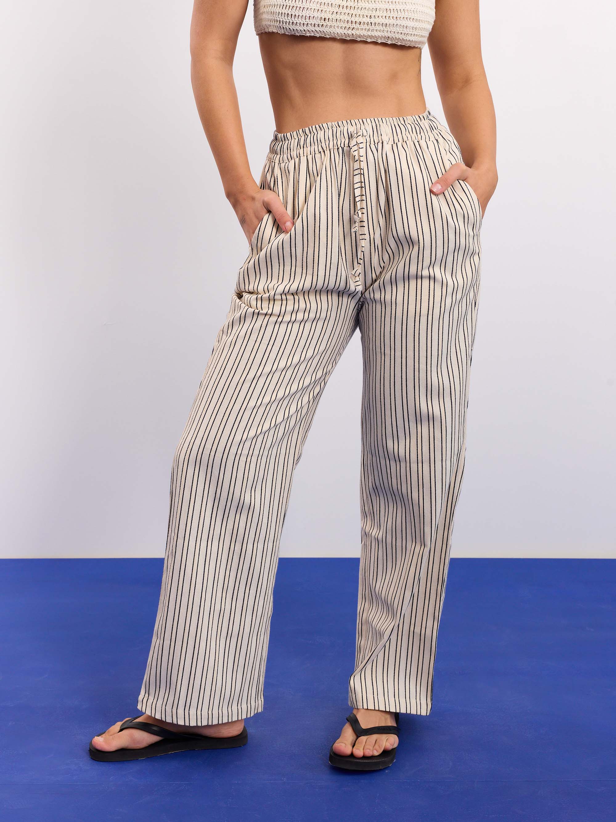 Cream Striped Textured Pull-on Pants - Image 4
