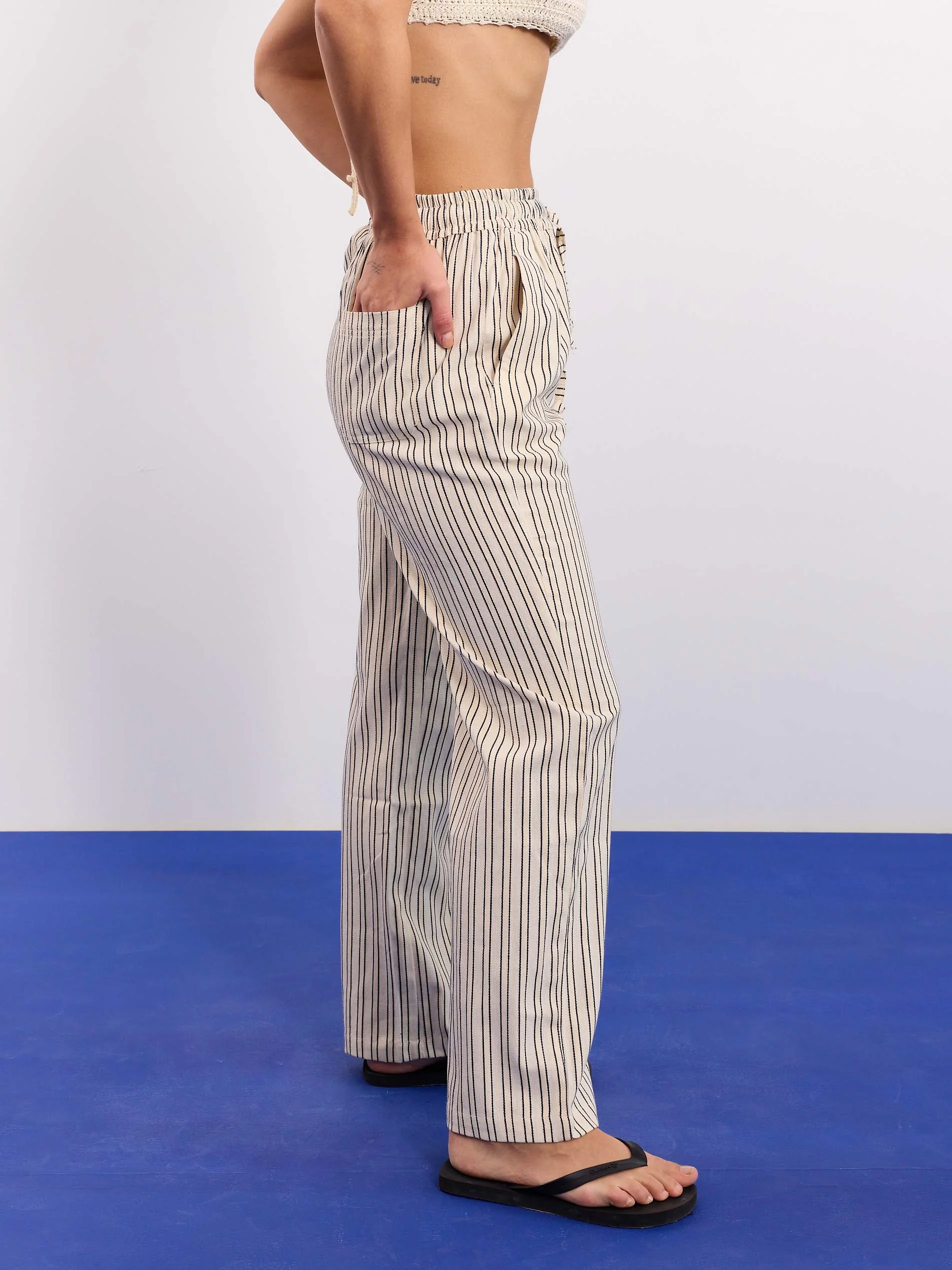 Cream Striped Textured Pull-on Pants - Image 5