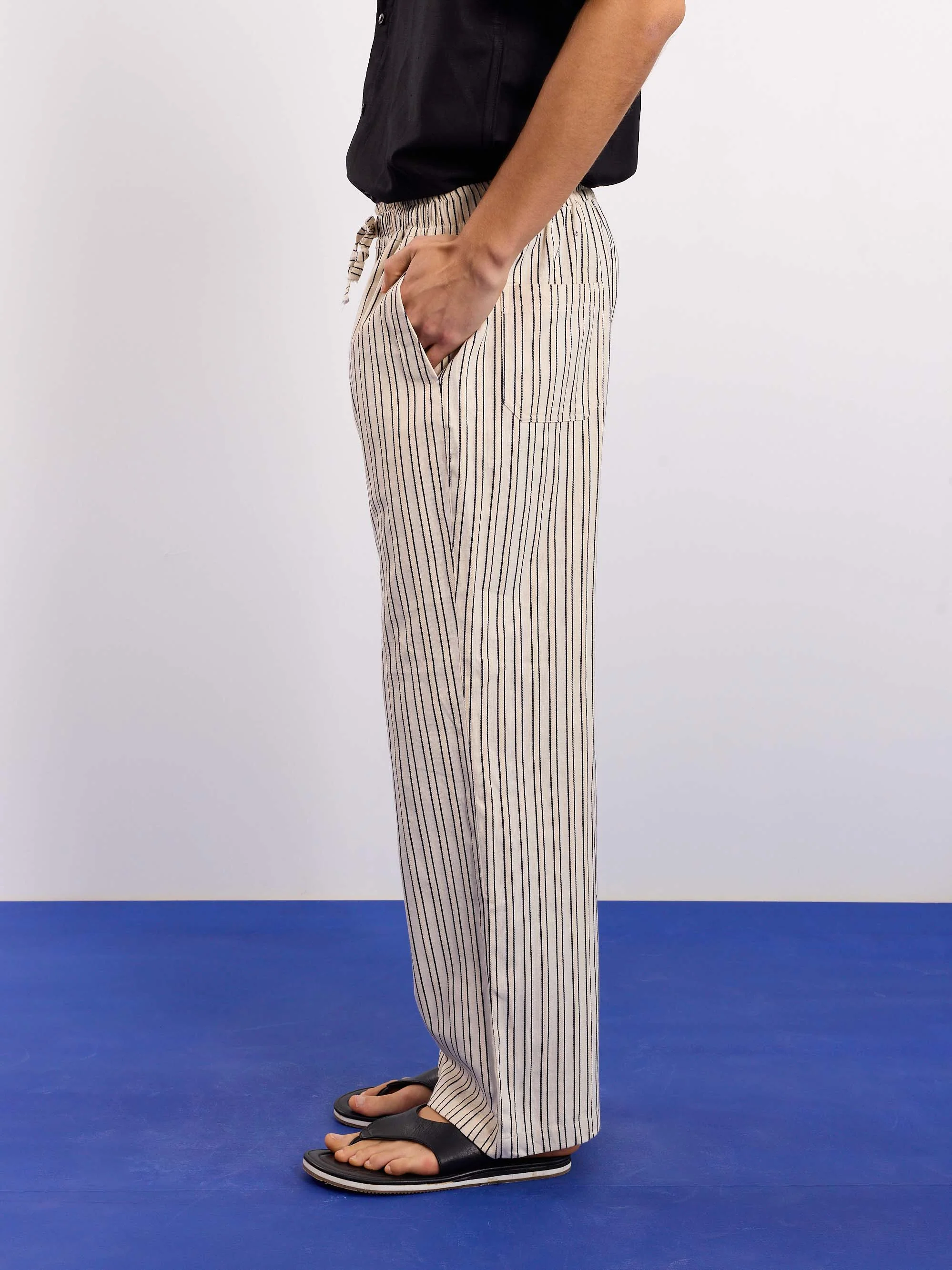 Cream Striped Textured Pull-on Pants - Image 7