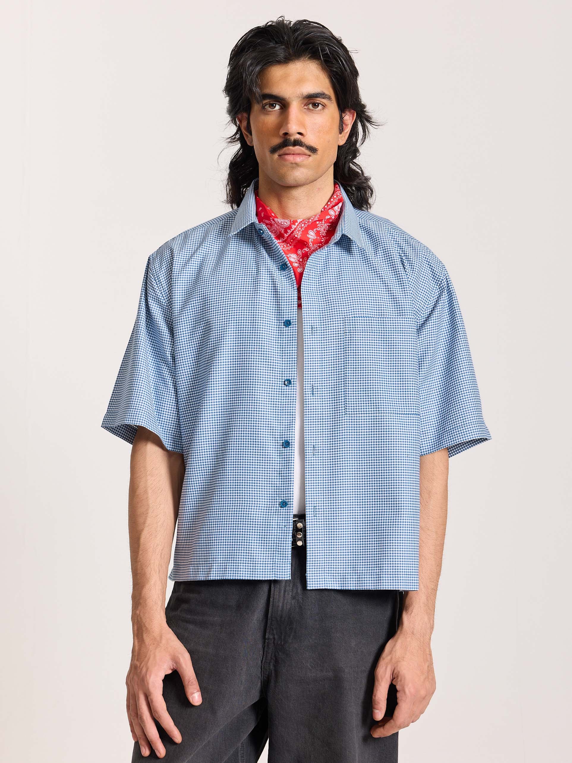 Dark Blue Checkered Cropped Shirt - Image 3