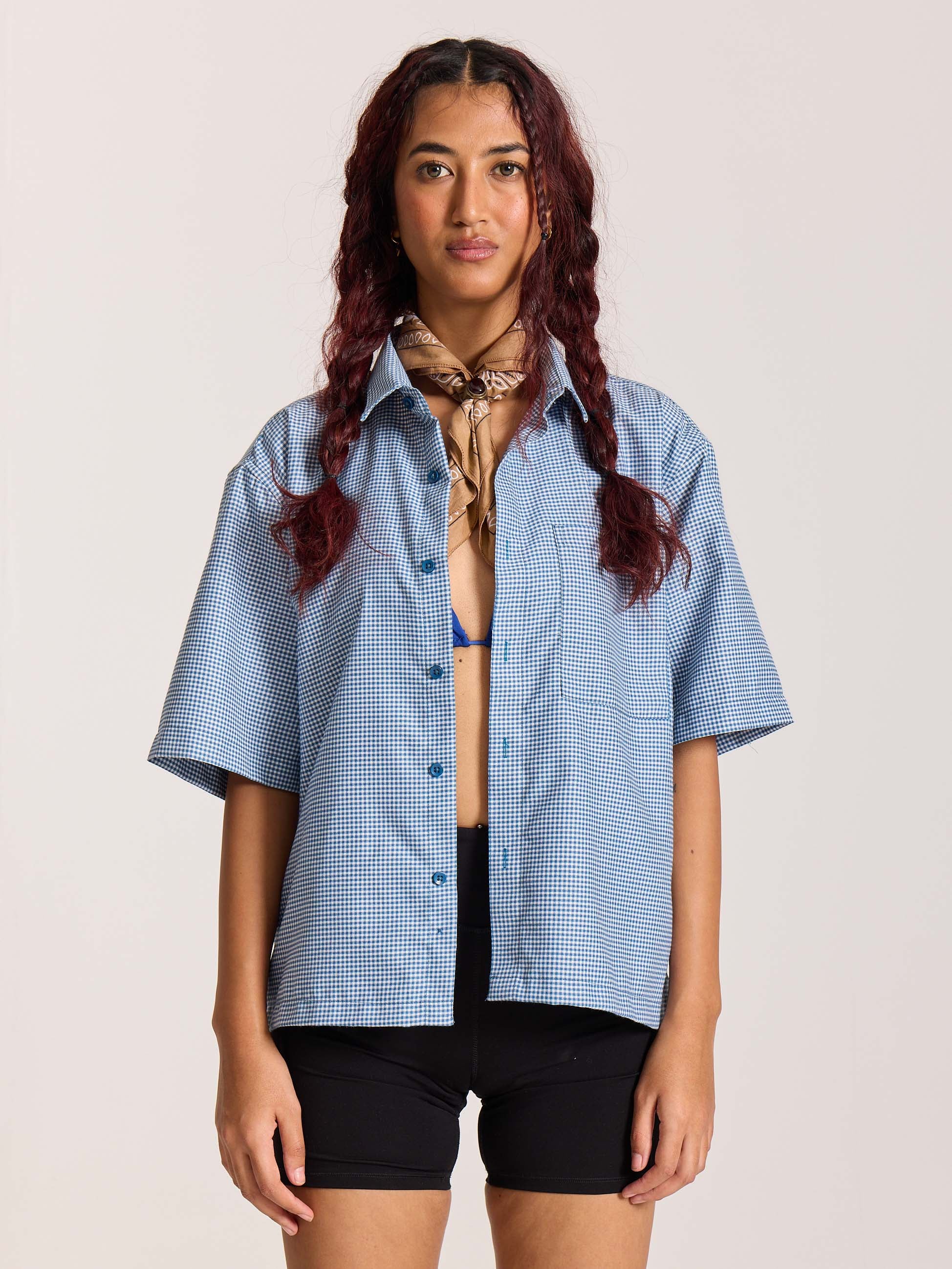 Dark Blue Checkered Cropped Shirt - Image 4