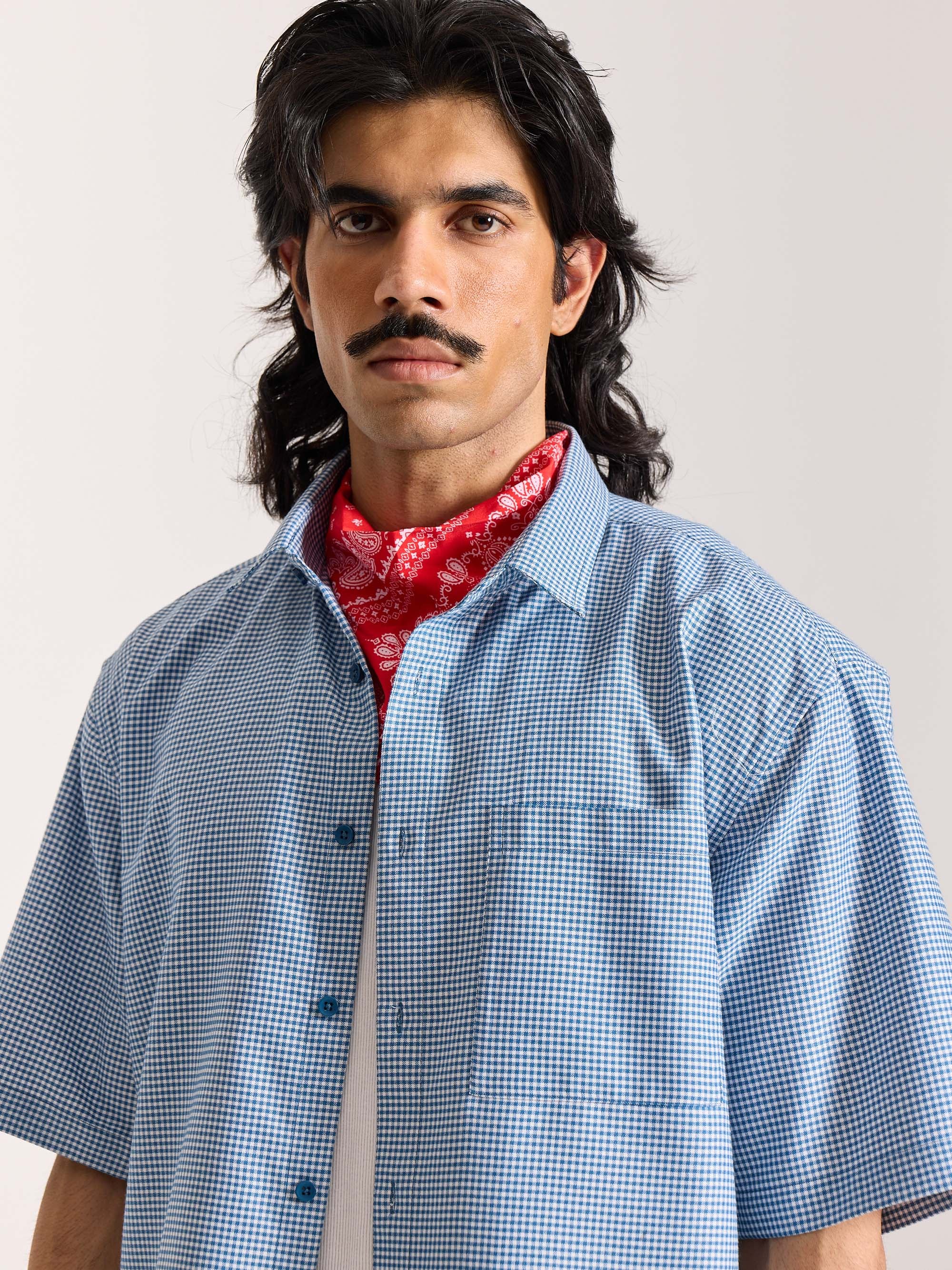 Dark Blue Checkered Cropped Shirt - Image 5