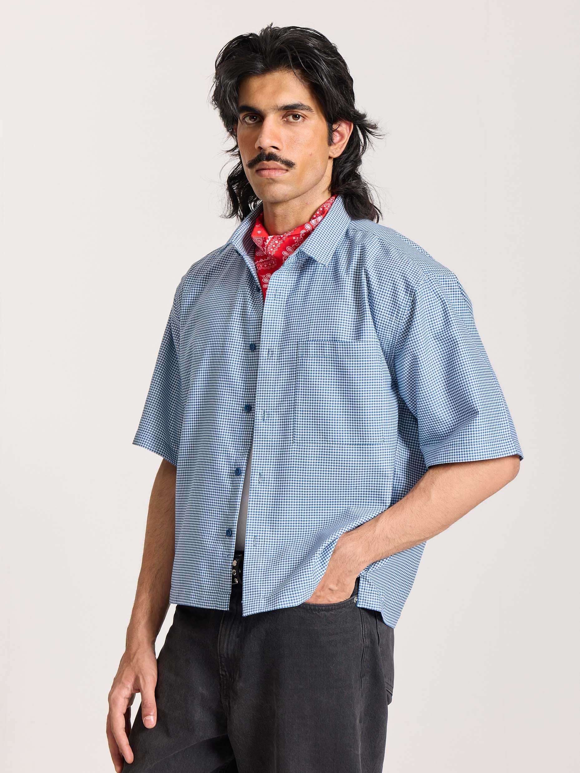 Dark Blue Checkered Cropped Shirt - Image 7