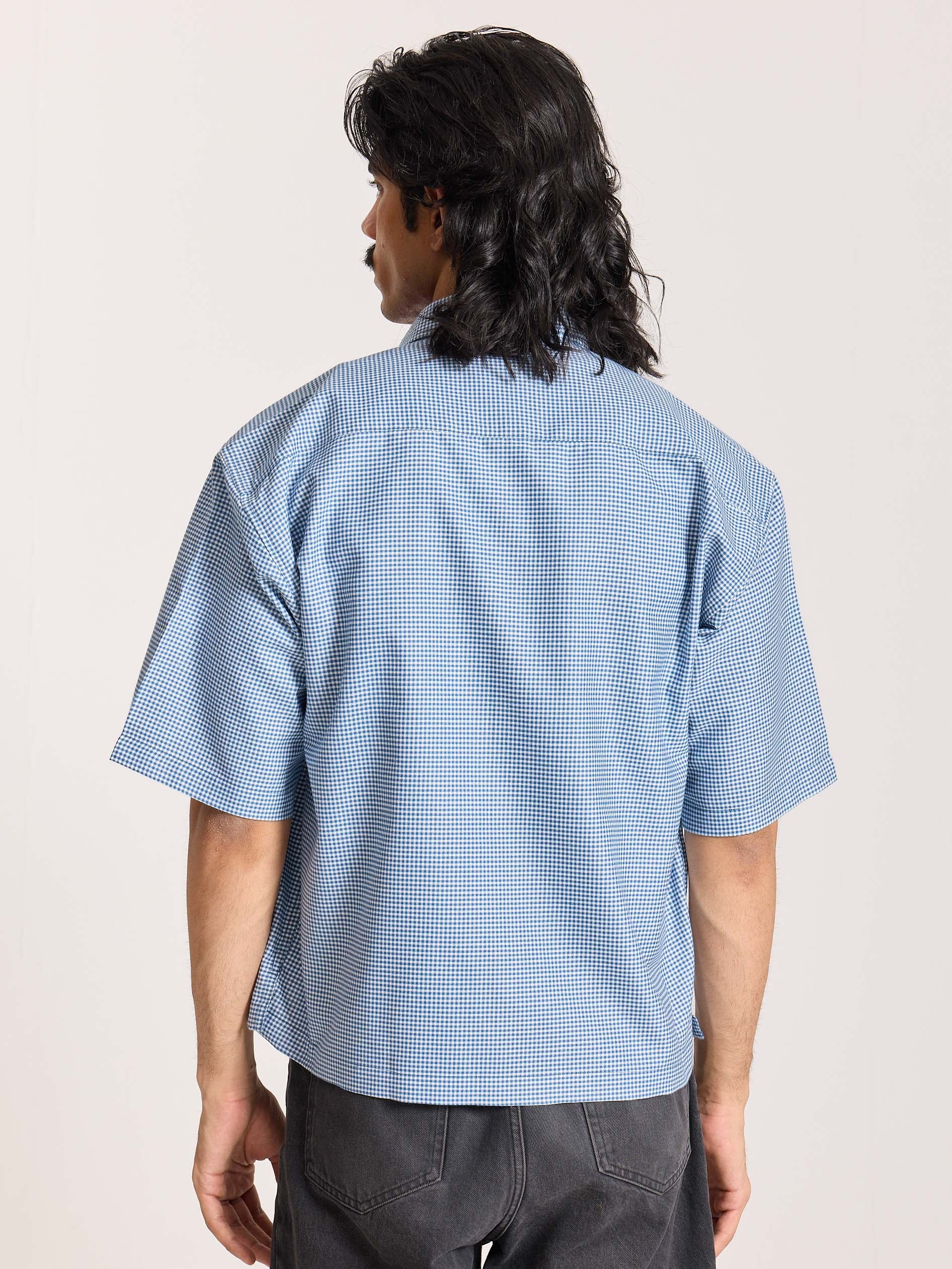 Dark Blue Checkered Cropped Shirt - Image 8