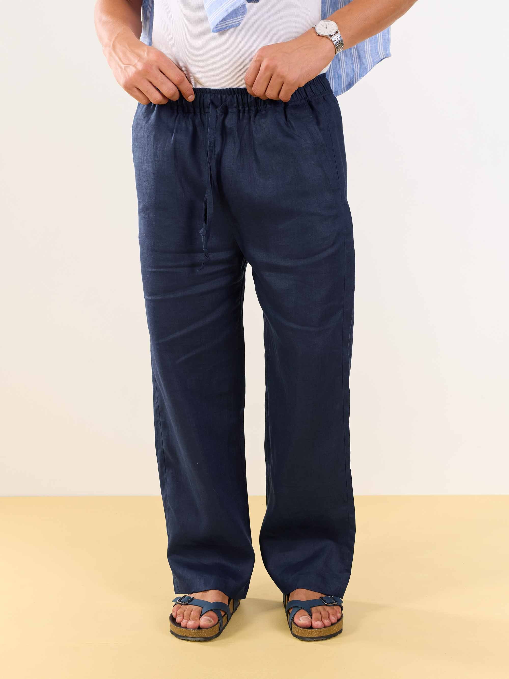 Dark Blue Linen Pull-on Pants - Image 2