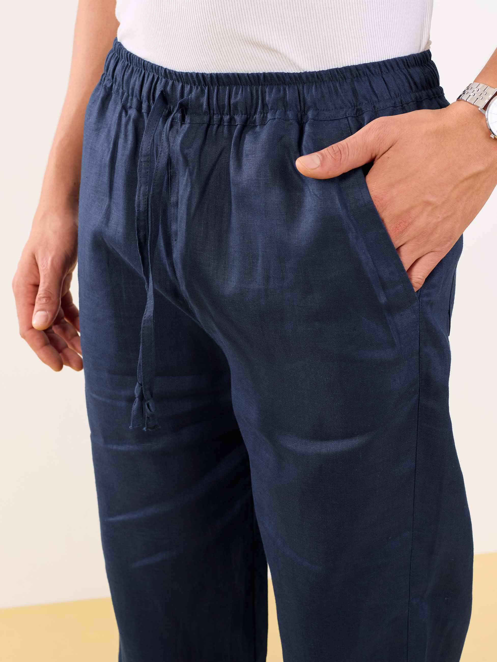 Dark Blue Linen Pull-on Pants - Image 3