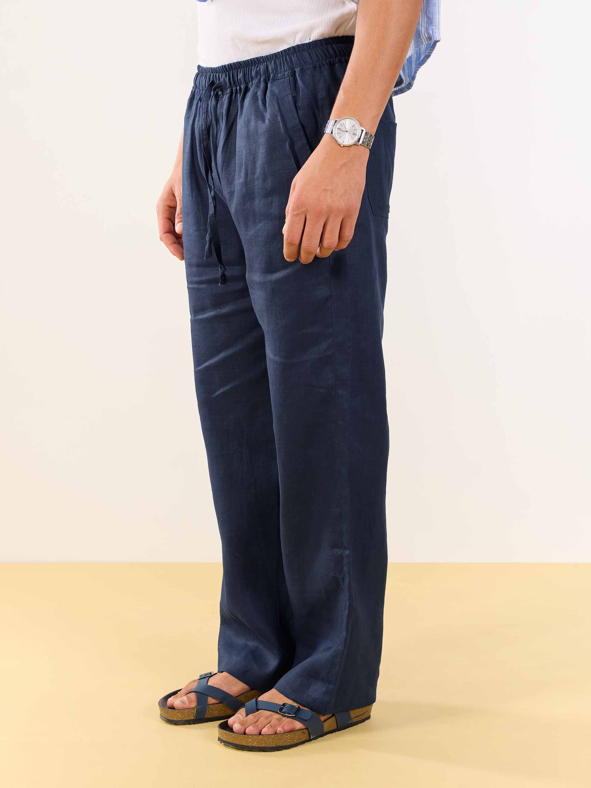 Dark Blue Linen Pull-on Pants - Image 4