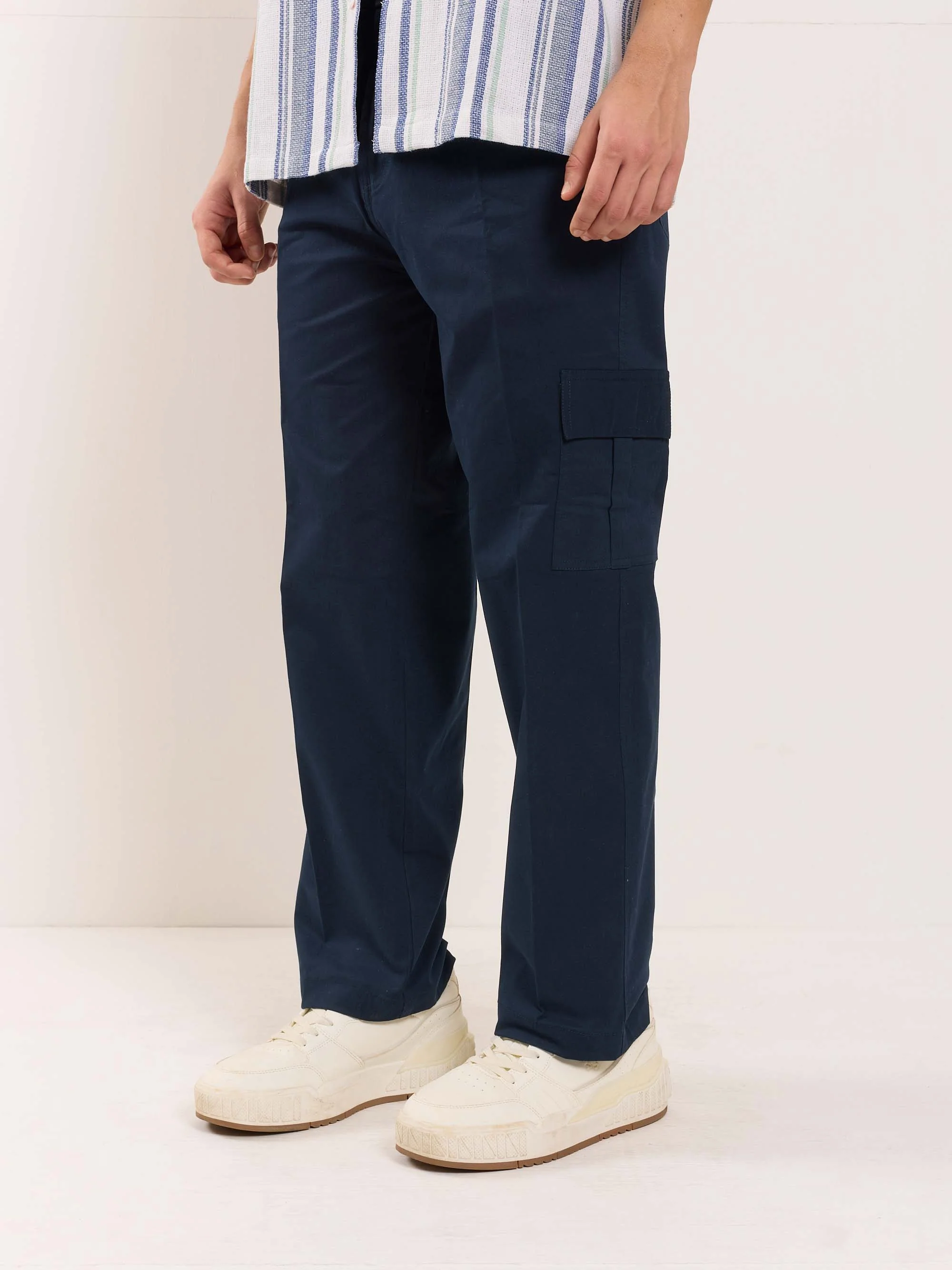 Dark Blue Loose Fit Twill Cargo Trousers - Image 3