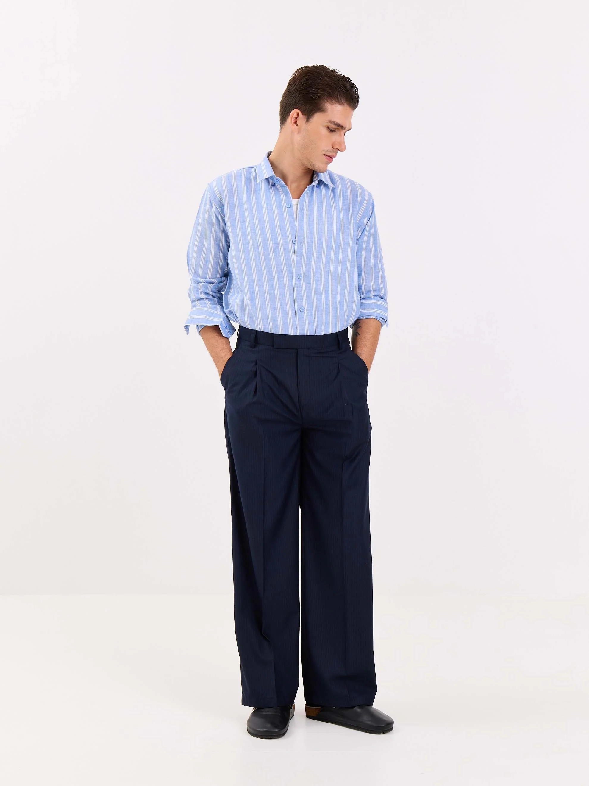 Dark Blue Pinstriped Baggy Fit Trousers - Image 4