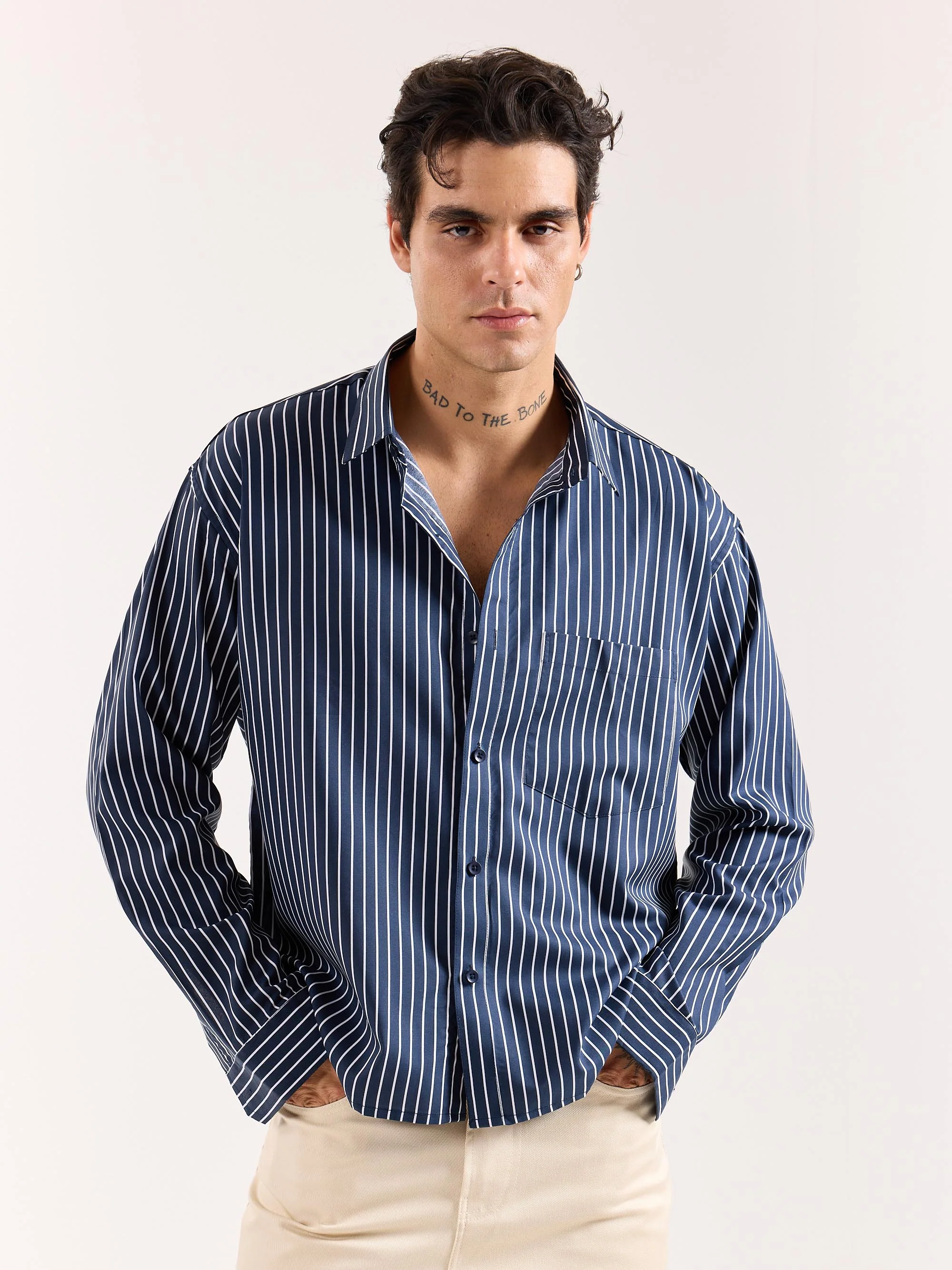 Dark Blue Pinstriped Poplin Oversized Shirt - Image 3