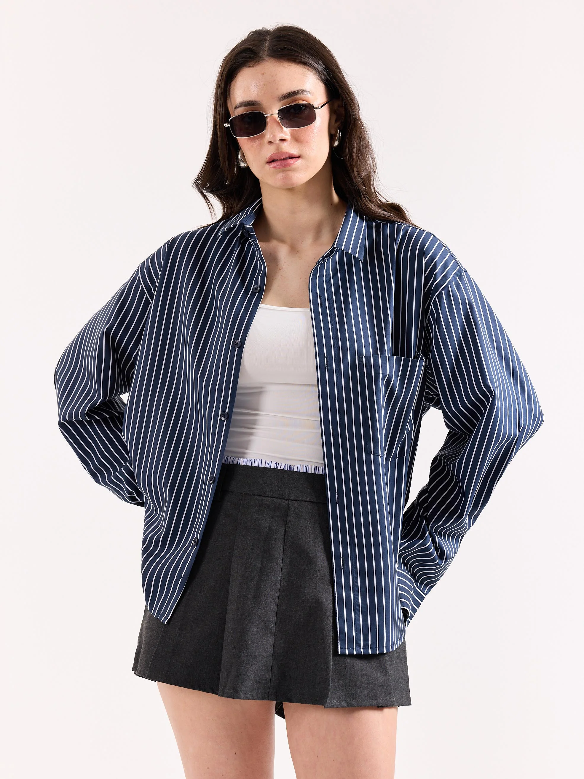 Dark Blue Pinstriped Poplin Oversized Shirt - Image 4