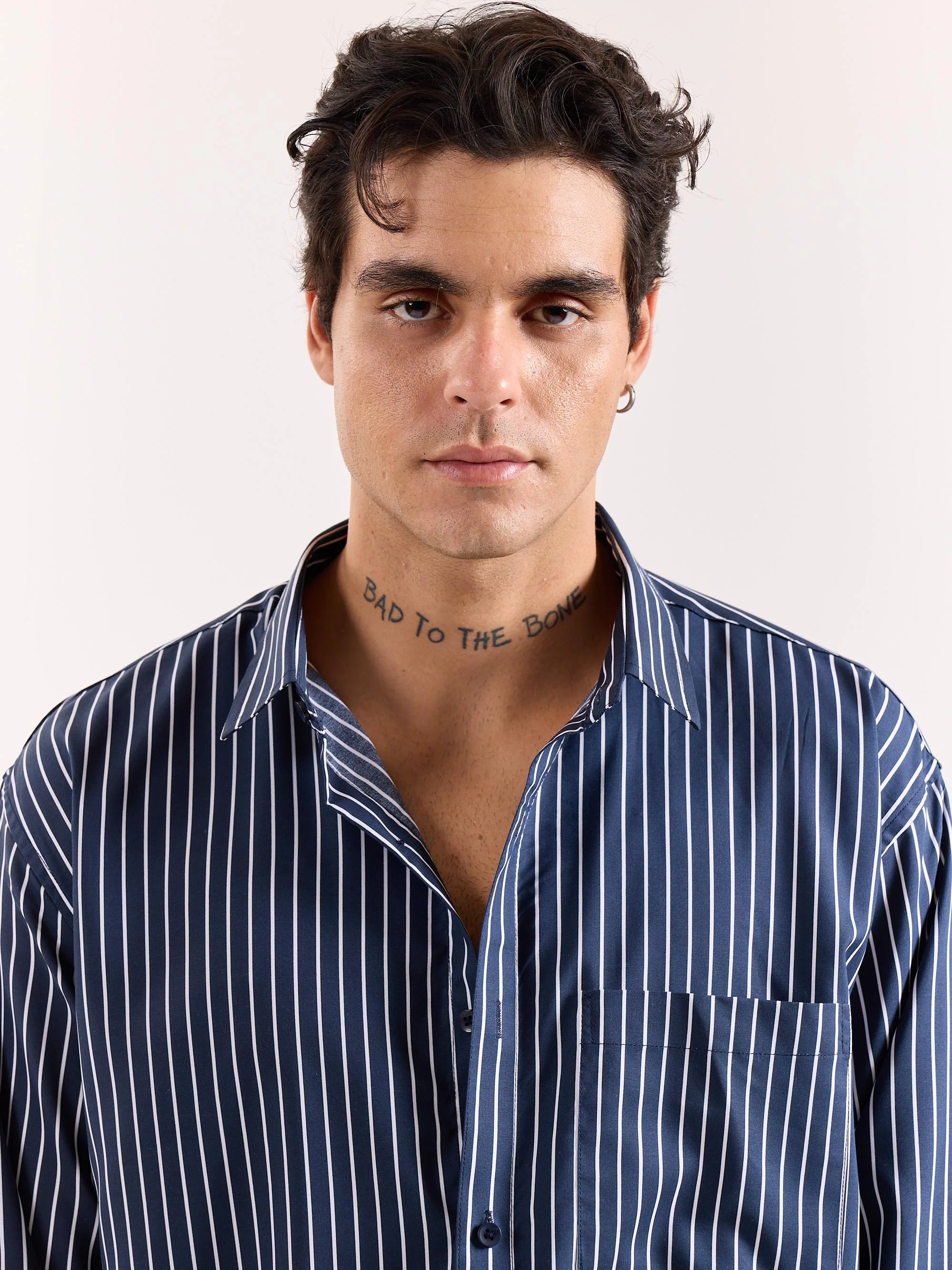 Dark Blue Pinstriped Poplin Oversized Shirt - Image 5