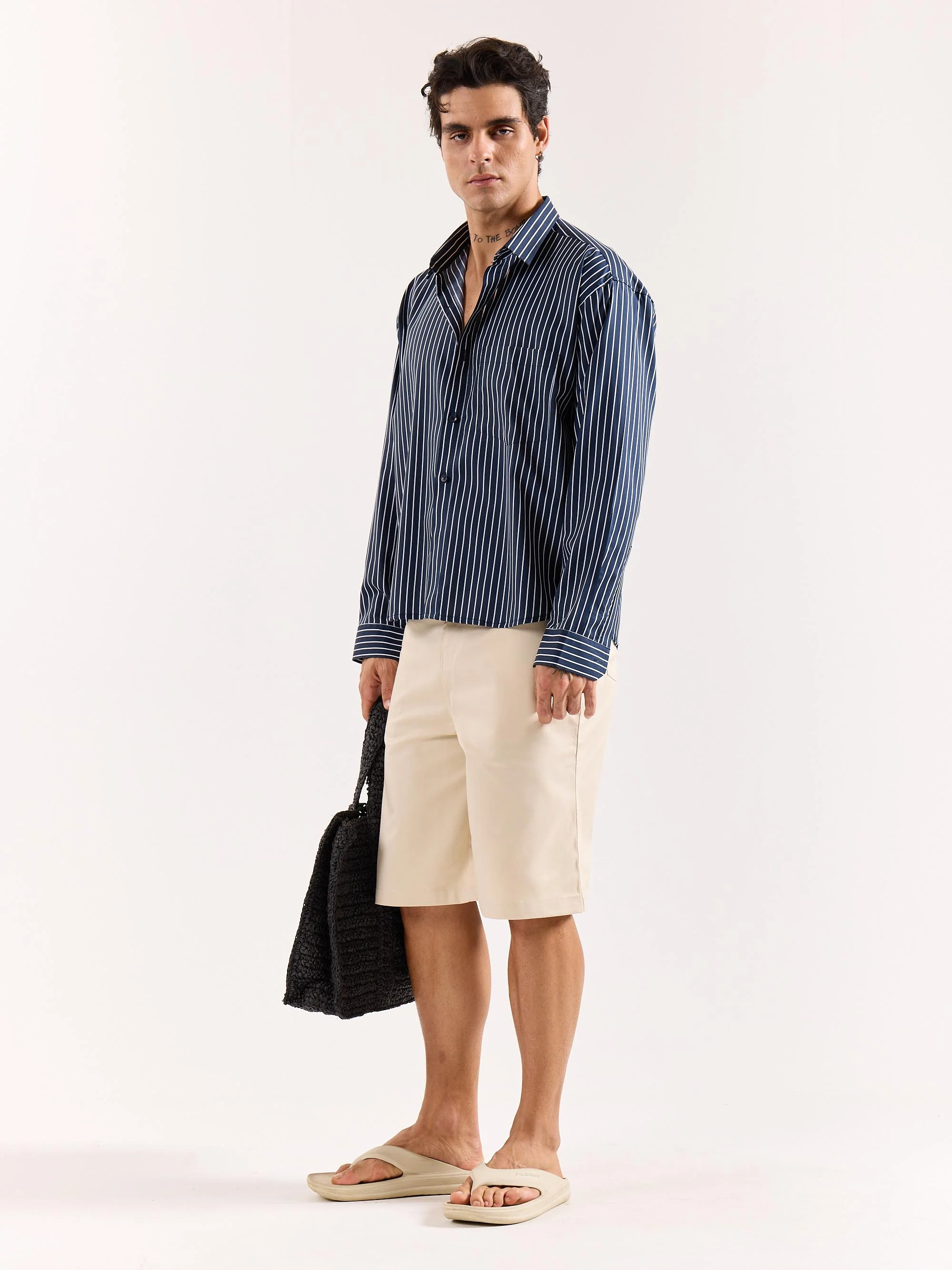 Dark Blue Pinstriped Poplin Oversized Shirt - Image 6