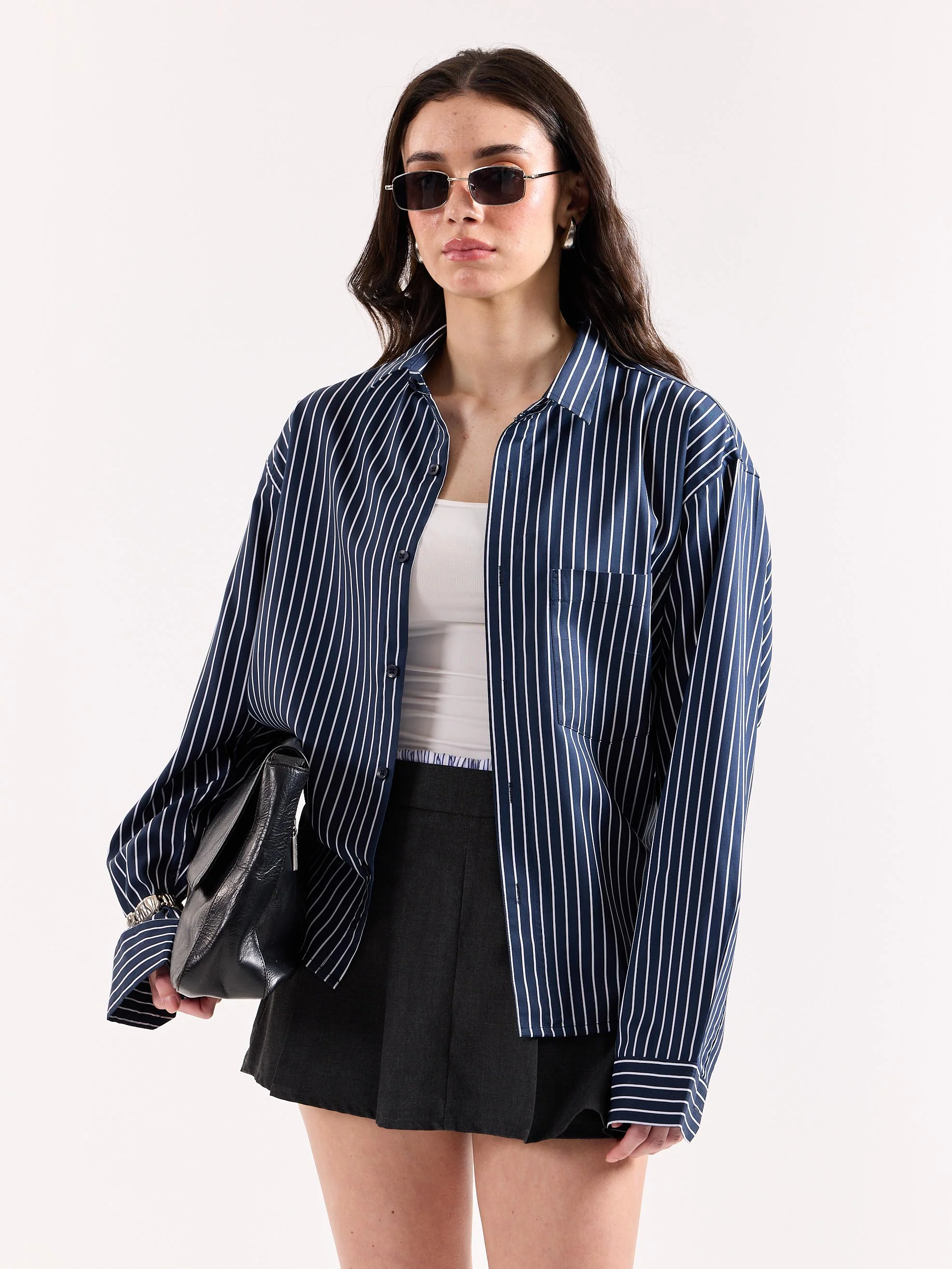 Dark Blue Pinstriped Poplin Oversized Shirt - Image 7