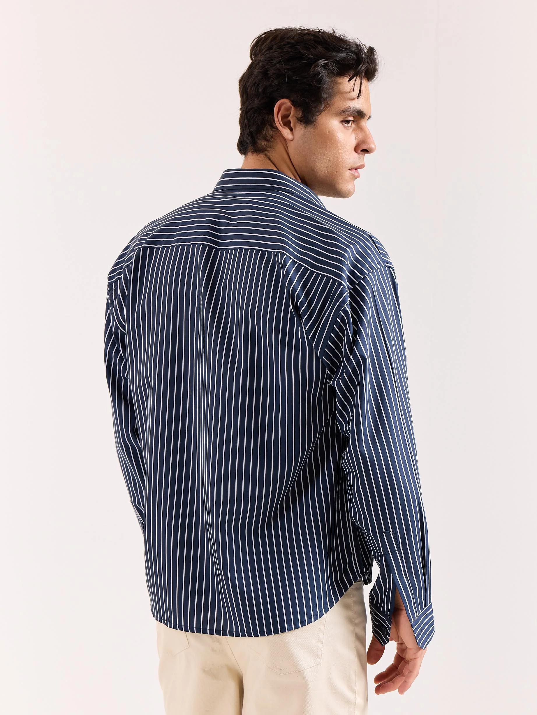 Dark Blue Pinstriped Poplin Oversized Shirt - Image 8