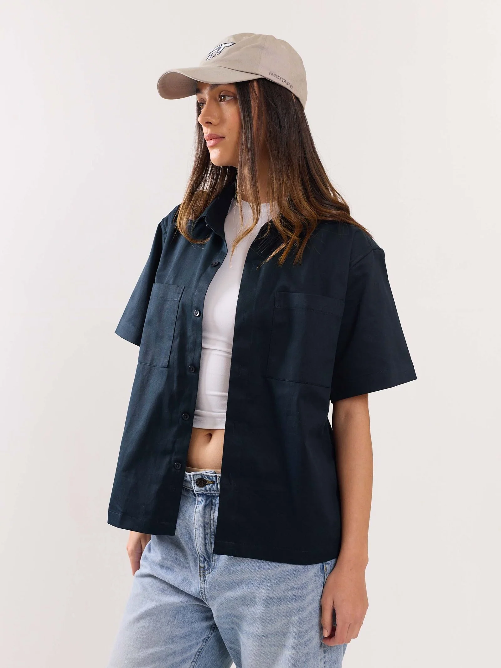 Dark Blue Twill Cropped Shirt - Image 3