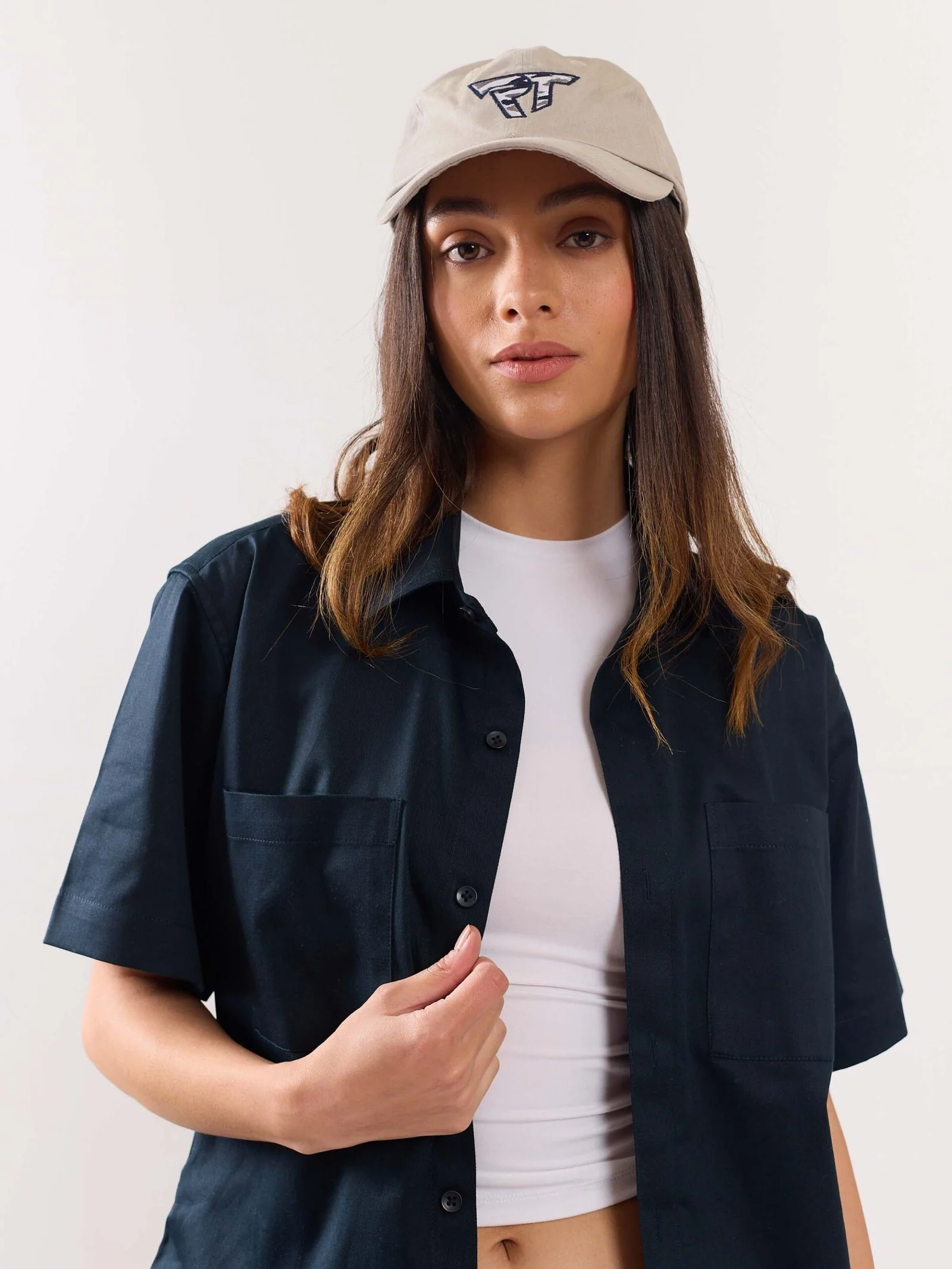 Dark Blue Twill Cropped Shirt - Image 4