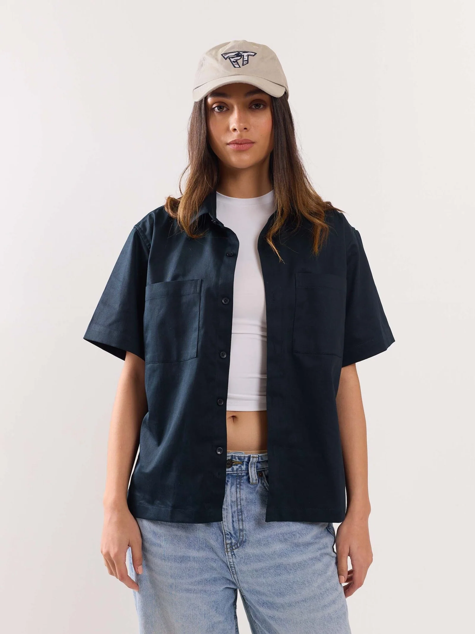 Dark Blue Twill Cropped Shirt - Image 5