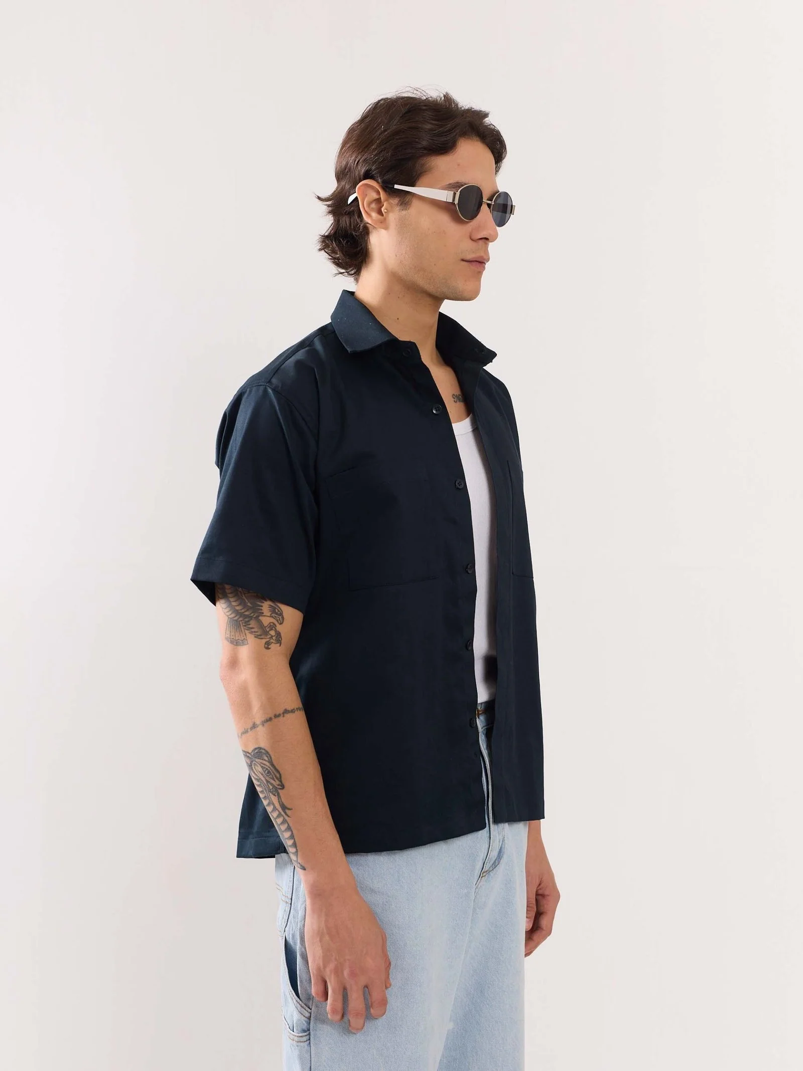Dark Blue Twill Cropped Shirt - Image 7