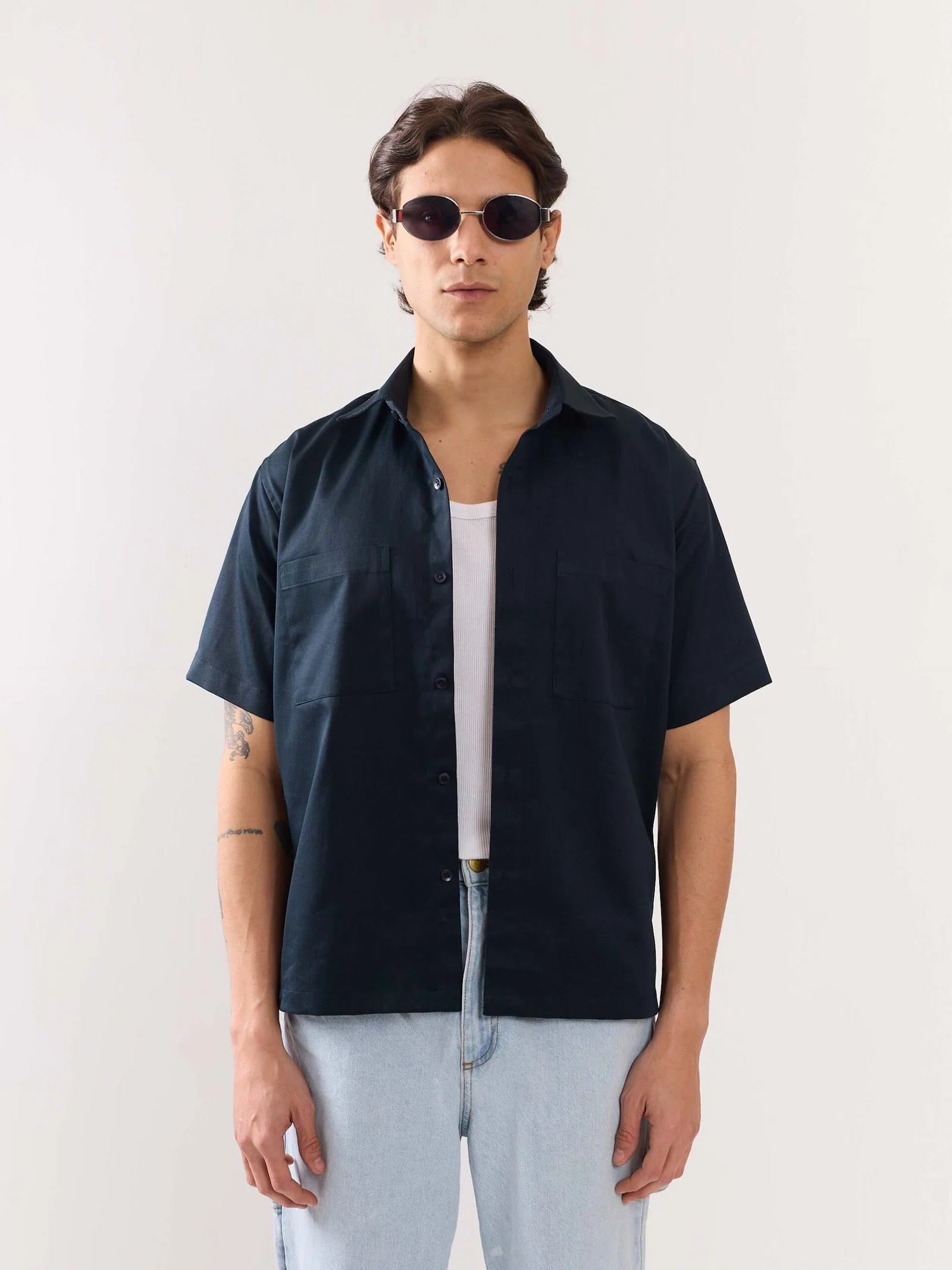 Dark Blue Twill Cropped Shirt - Image 8