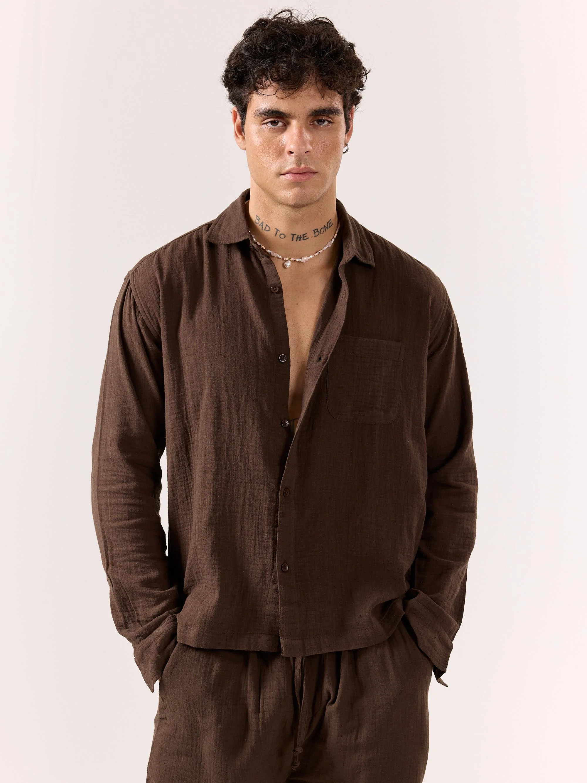 Dark Brown Gauze Holiday Shirt - Image 4