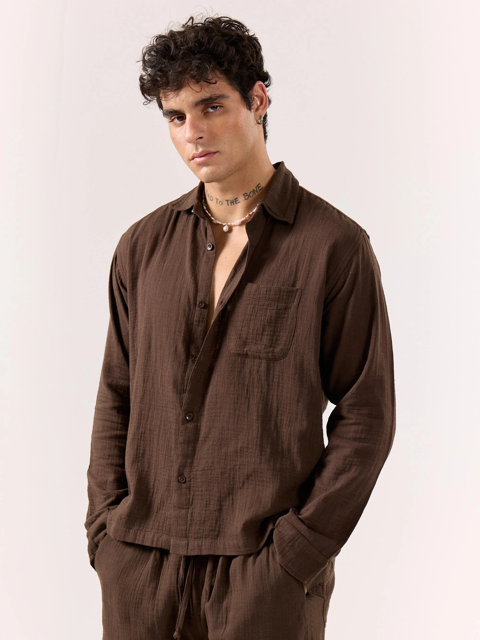 Dark Brown Gauze Holiday Shirt - Image 5