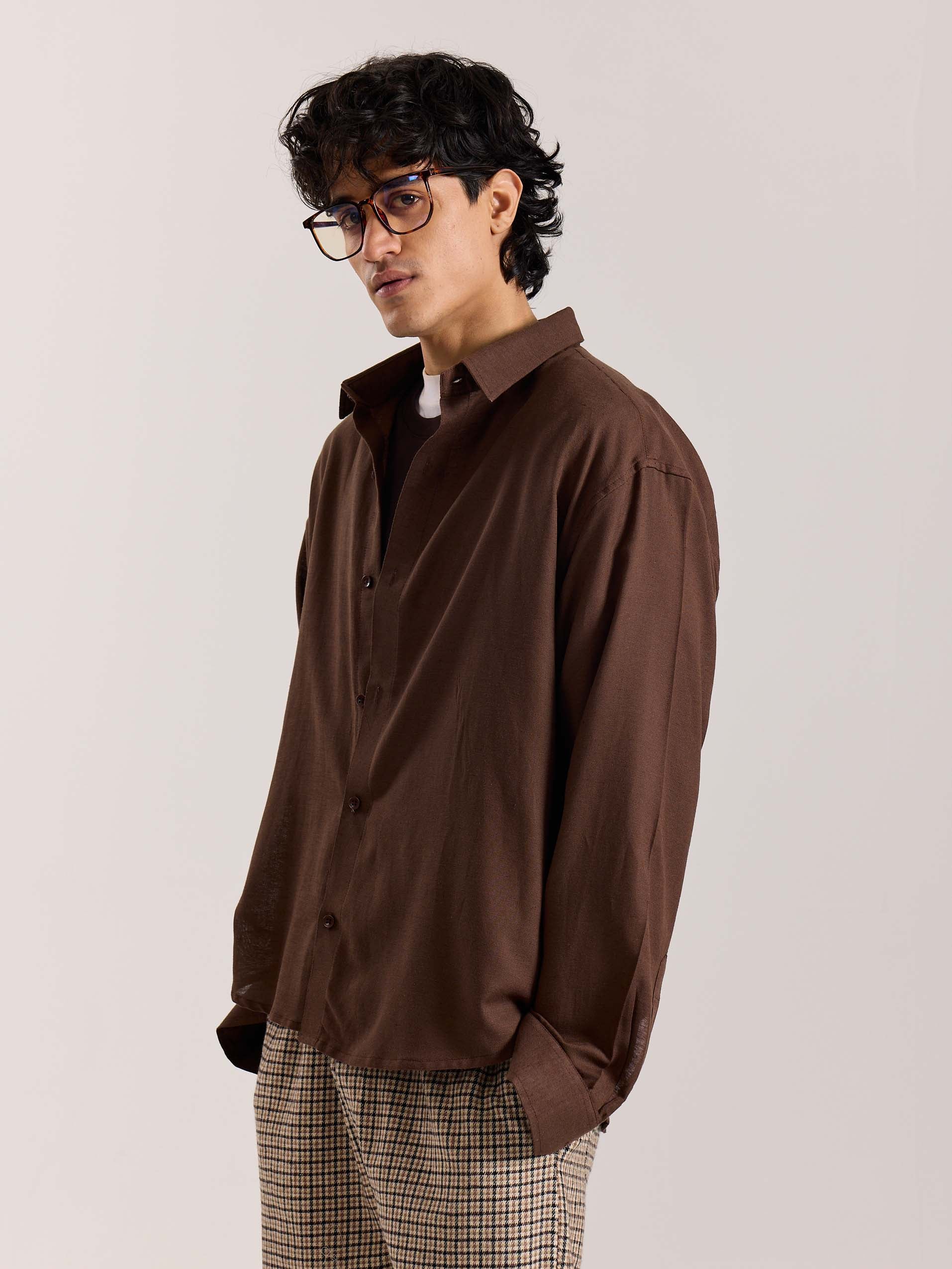 Dark Brown Linen Cropped Shirt - Image 4