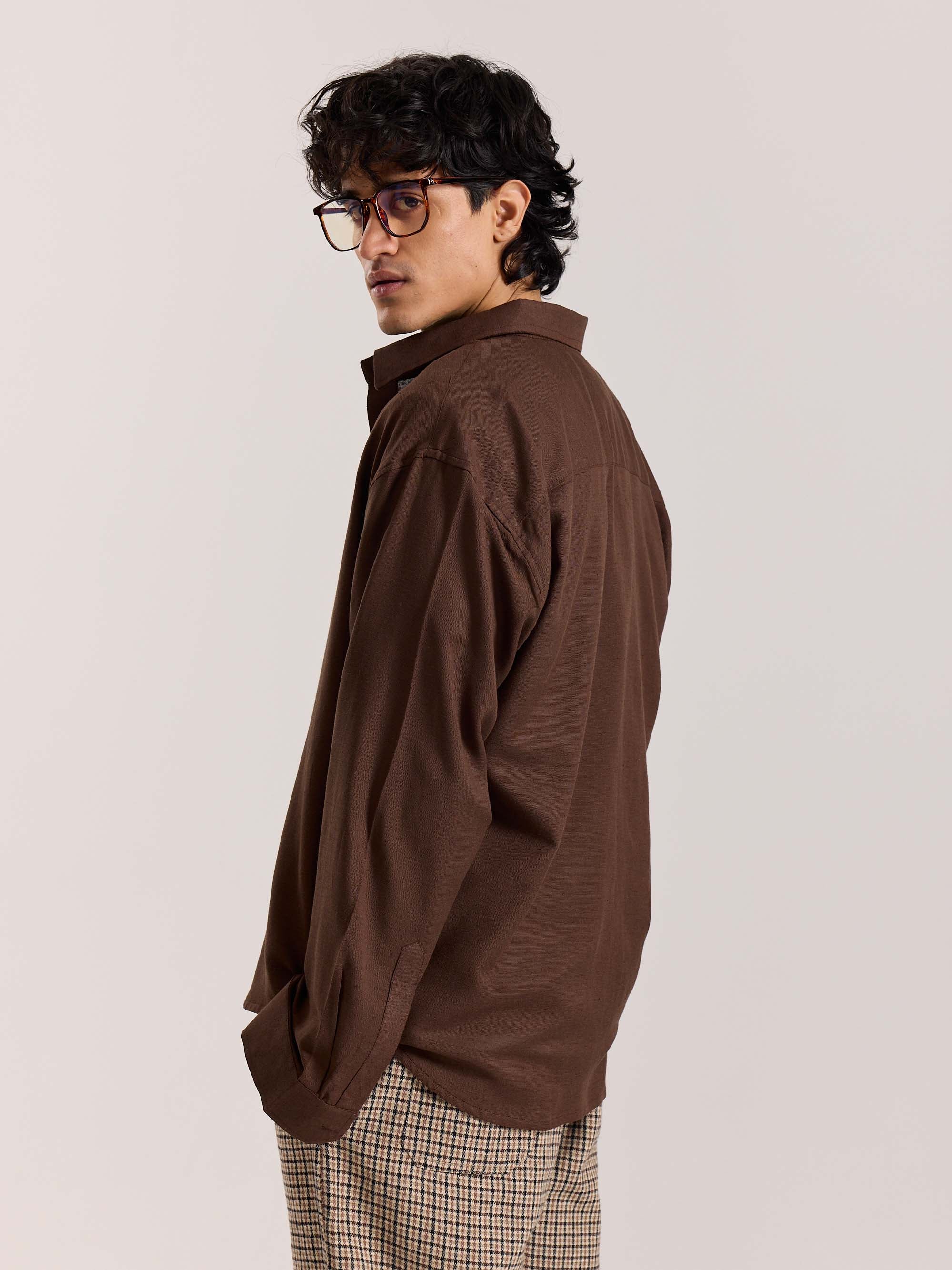 Dark Brown Linen Cropped Shirt - Image 6