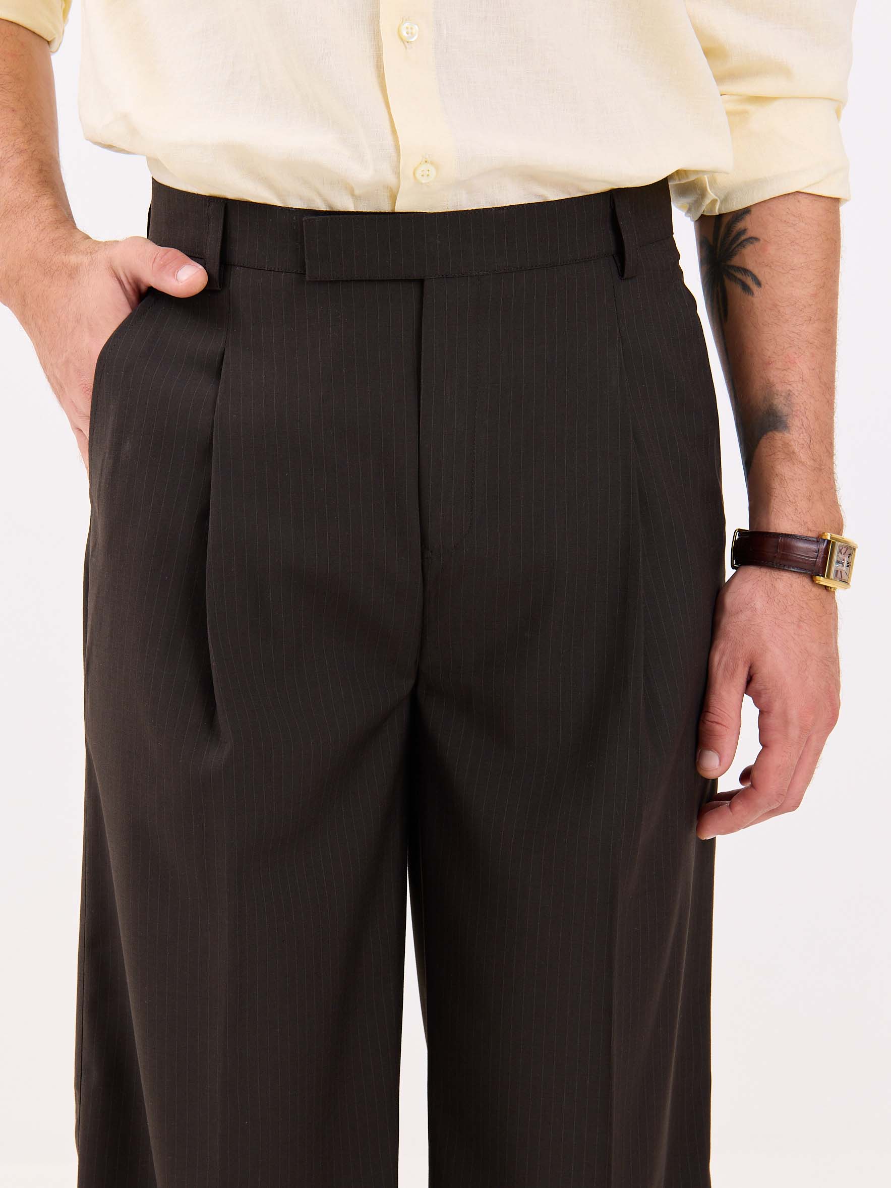 Dark Brown Pinstriped Baggy Fit Trousers - Image 3
