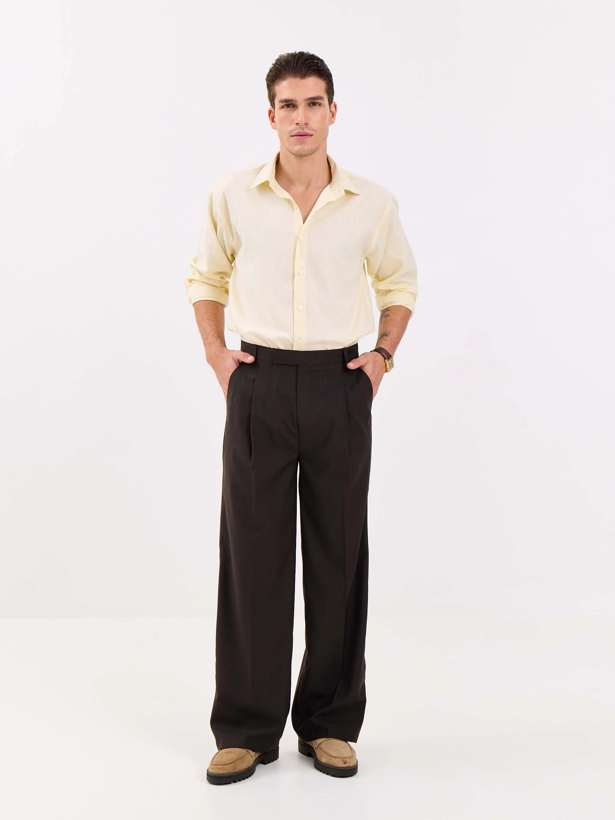 Dark Brown Pinstriped Baggy Fit Trousers - Image 4