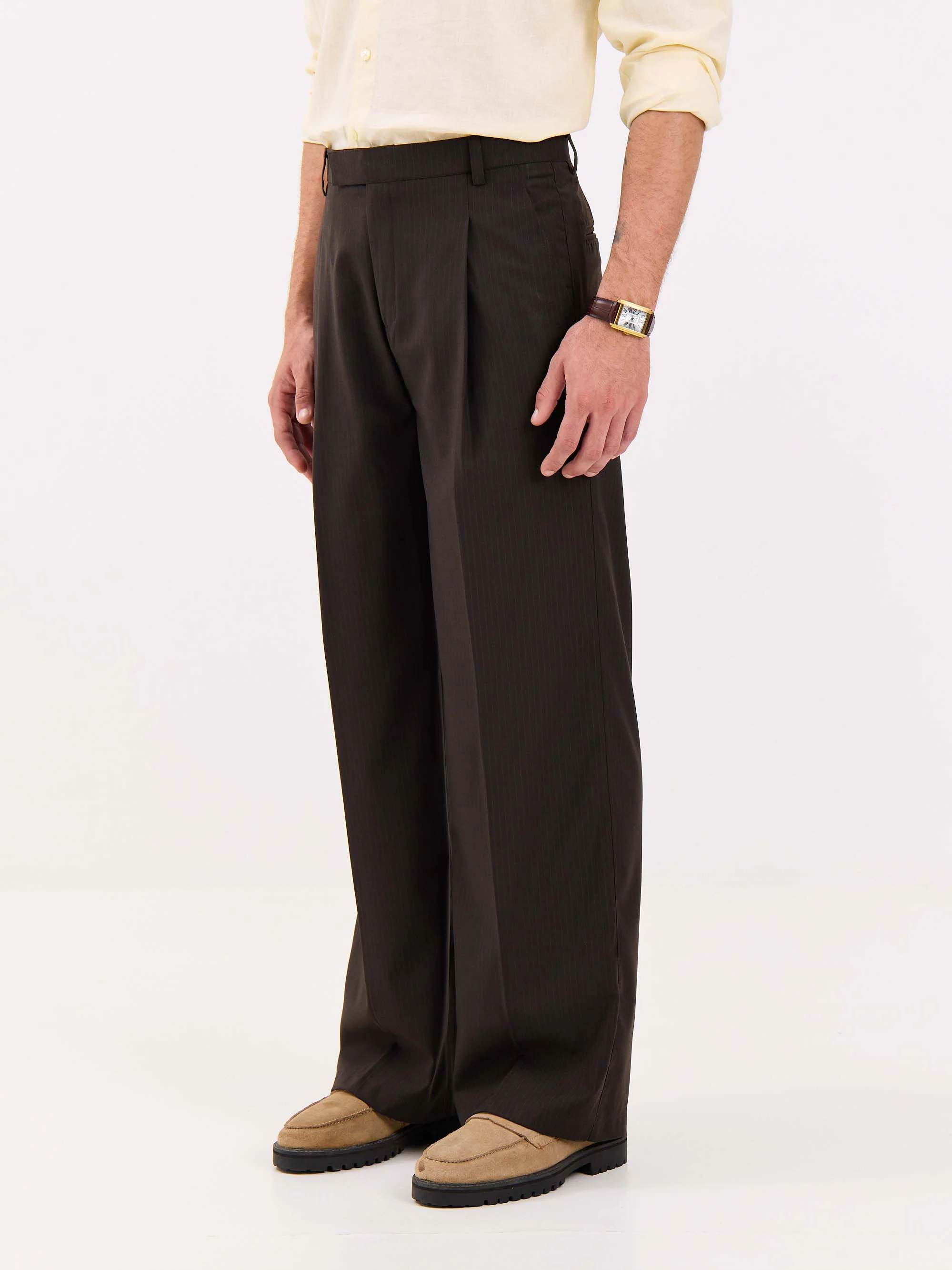 Dark Brown Pinstriped Baggy Fit Trousers - Image 5