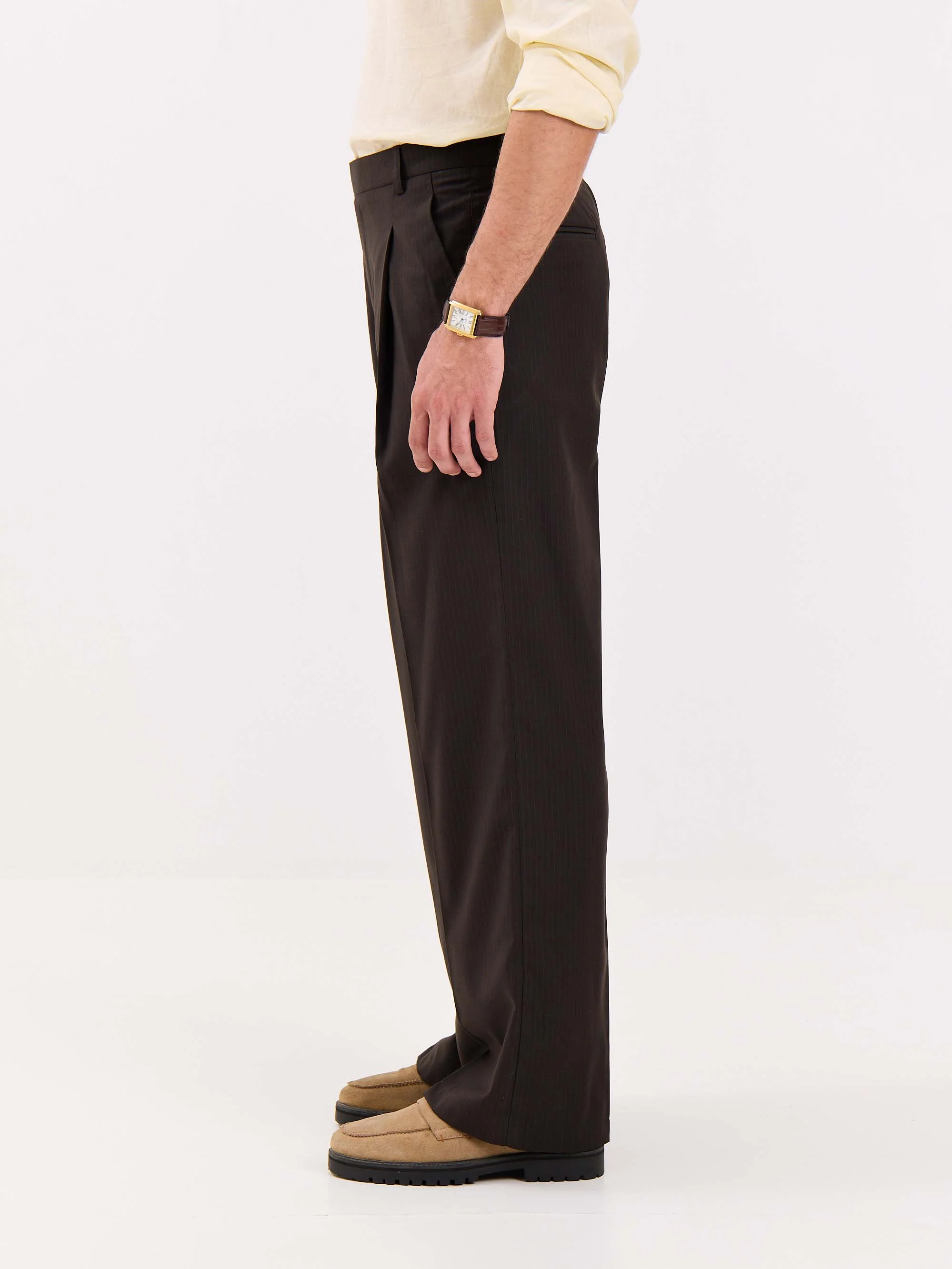 Dark Brown Pinstriped Baggy Fit Trousers - Image 6