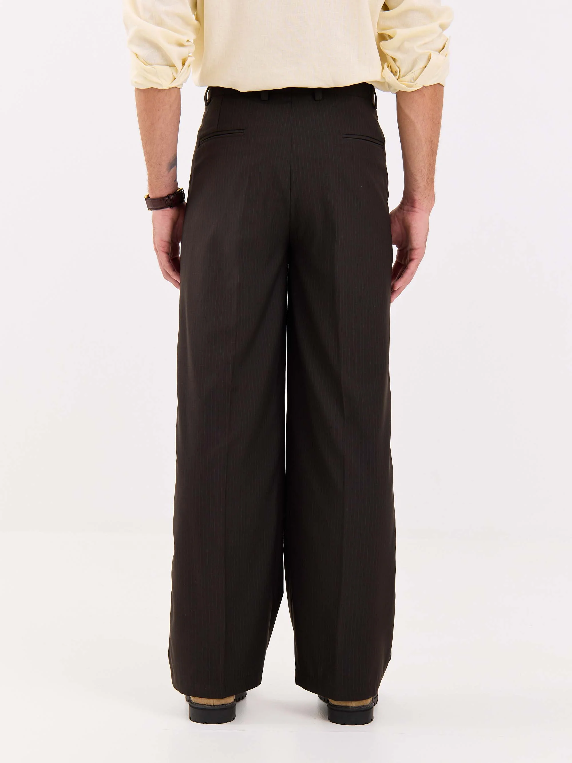 Dark Brown Pinstriped Baggy Fit Trousers - Image 8