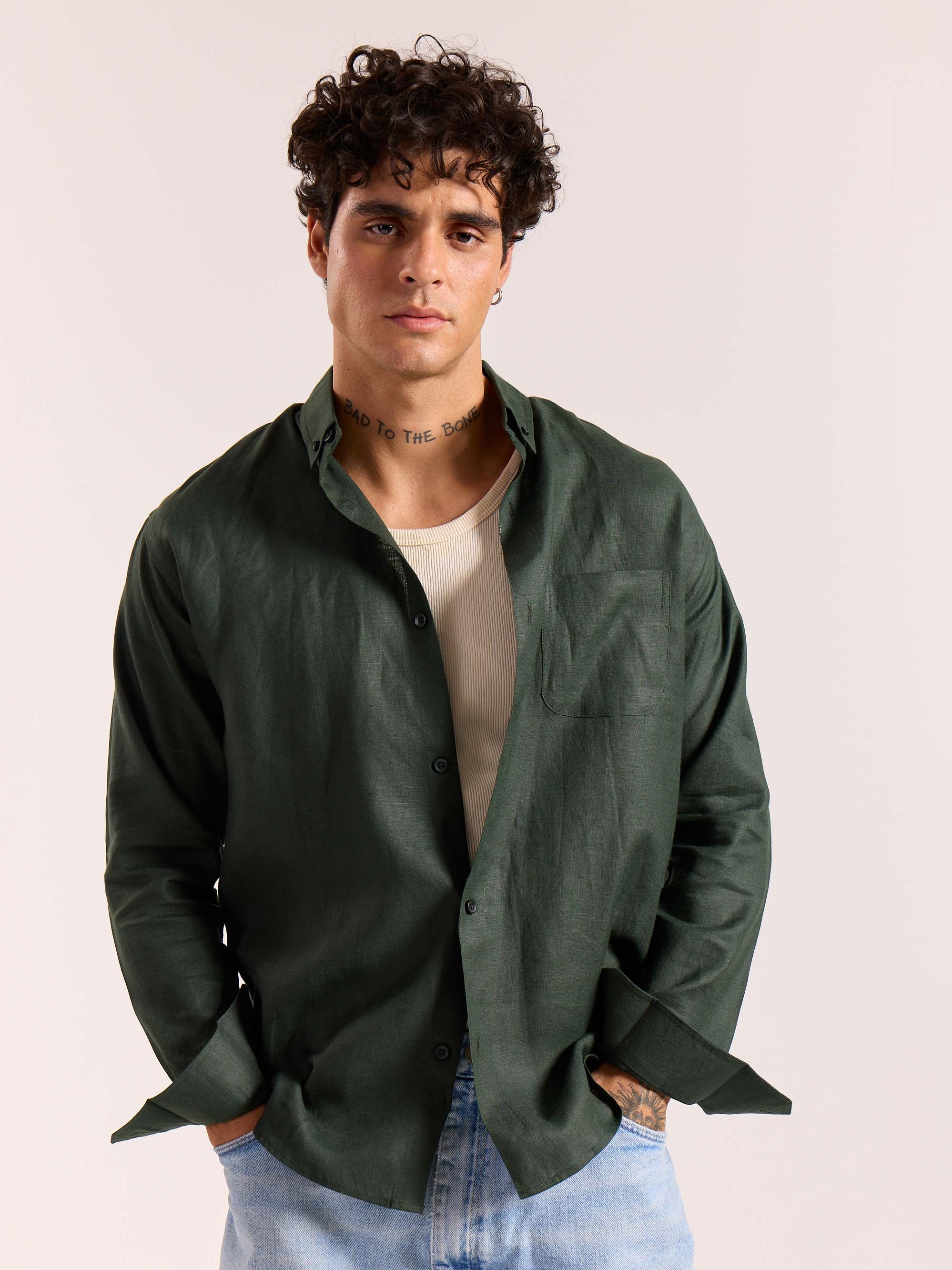 Dark Green 60s Lea Linen Shirt - Image 3