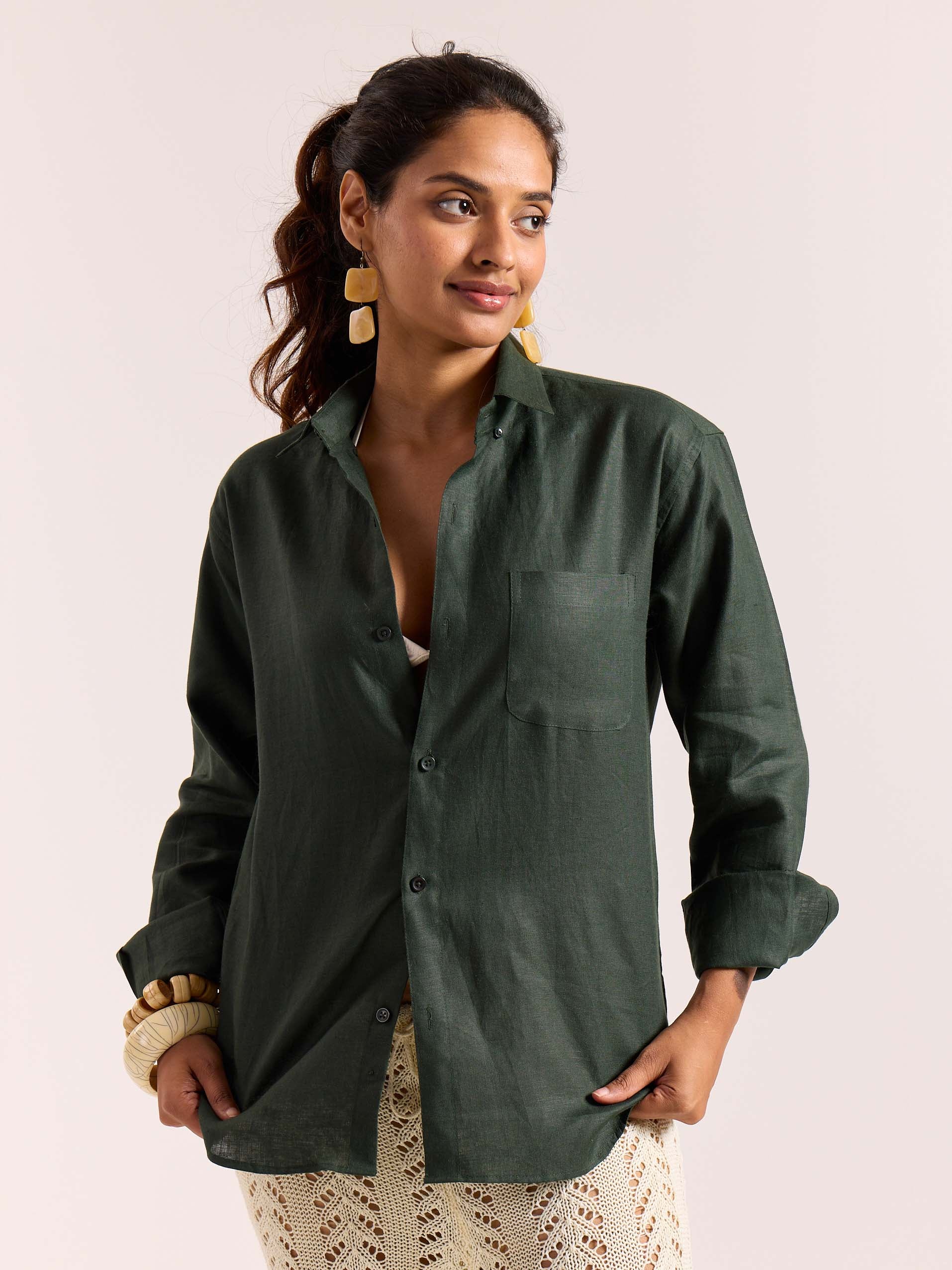 Dark Green 60s Lea Linen Shirt - Image 4
