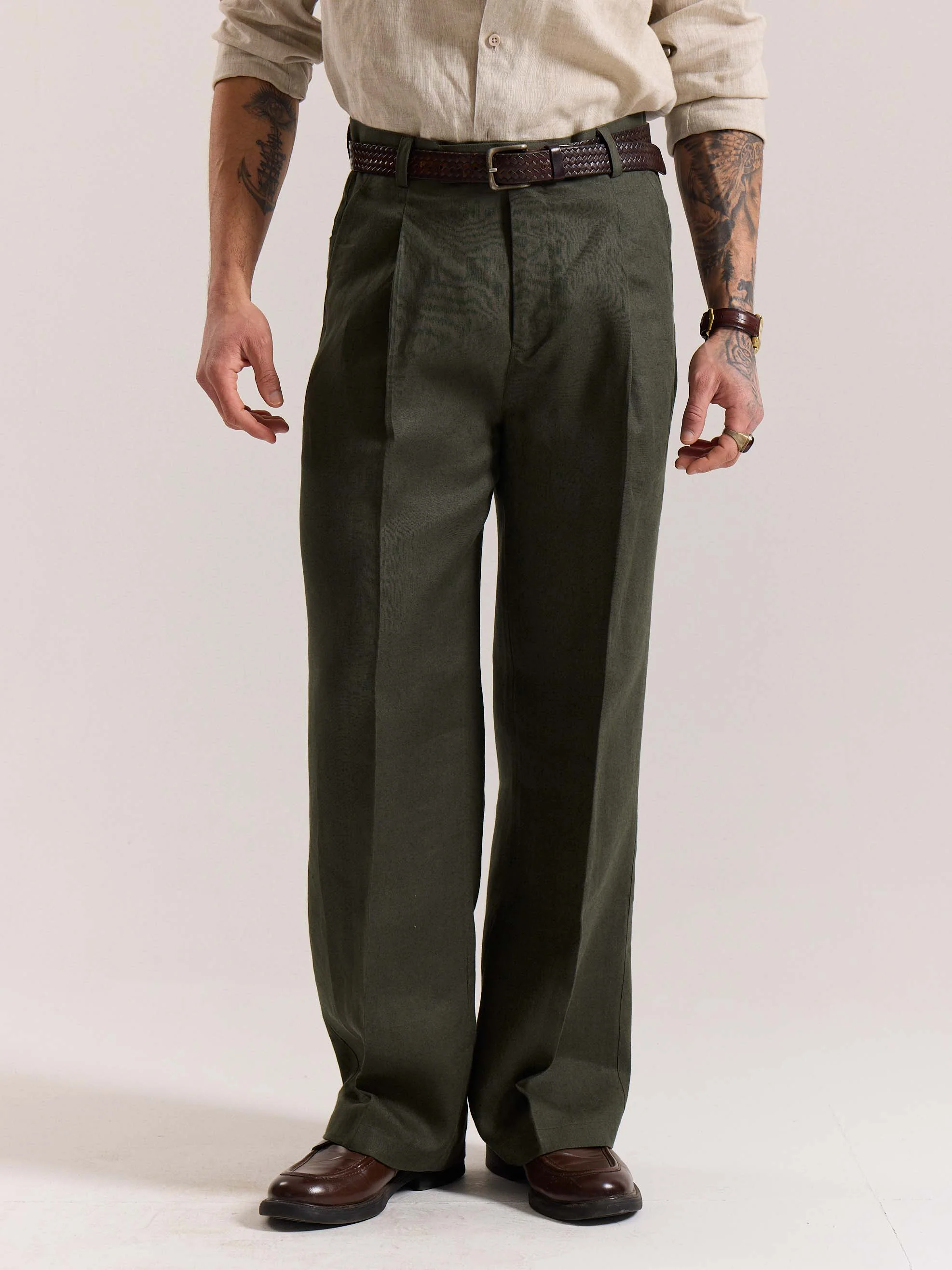 Dark Green Linen Baggy Fit Trousers - Image 3